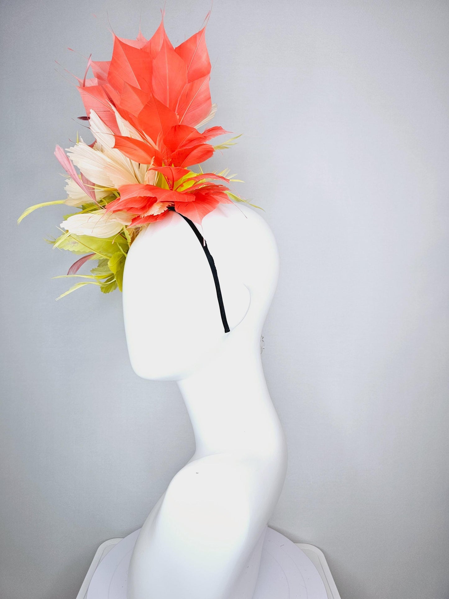 kentucky derby hat fascinator fluffy lemon yellow zigzag feather flower and light yellow peach orange branching feathers