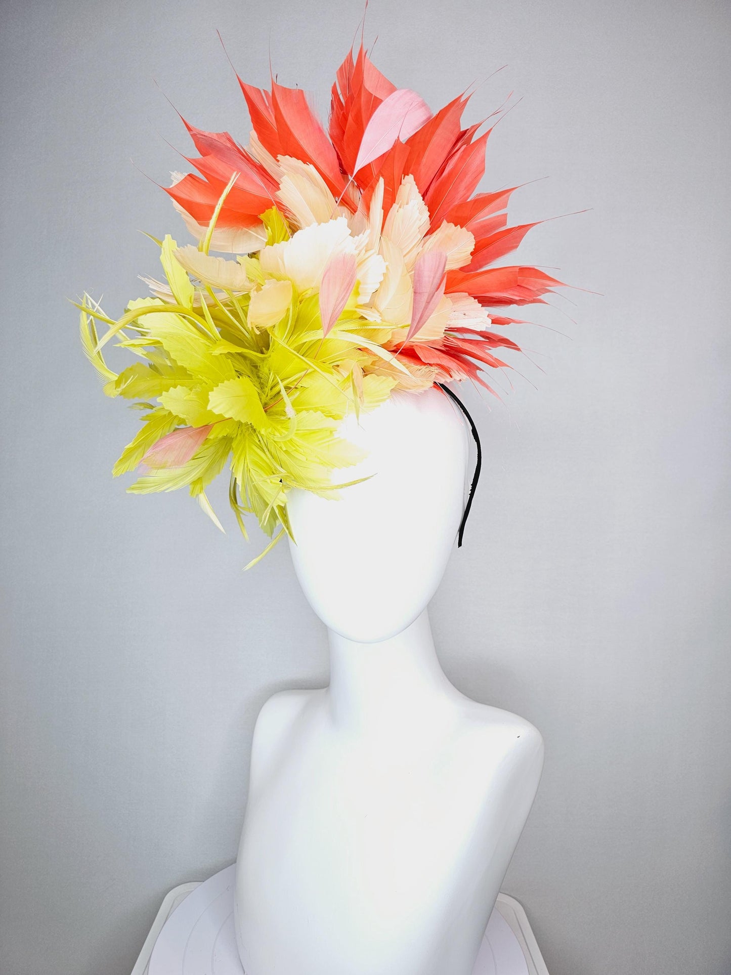 kentucky derby hat fascinator fluffy lemon yellow zigzag feather flower and light yellow peach orange branching feathers