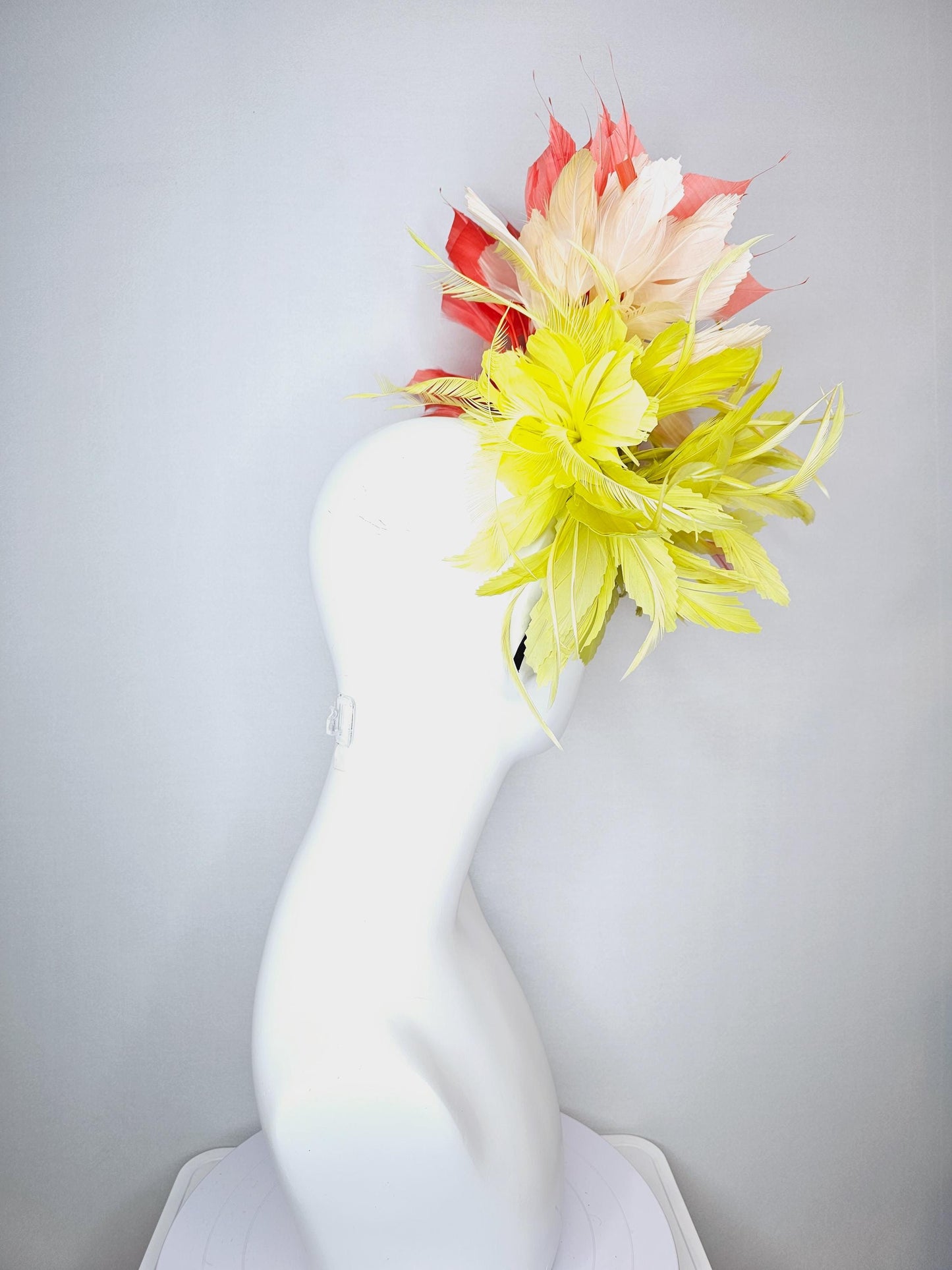 kentucky derby hat fascinator fluffy lemon yellow zigzag feather flower and light yellow peach orange branching feathers