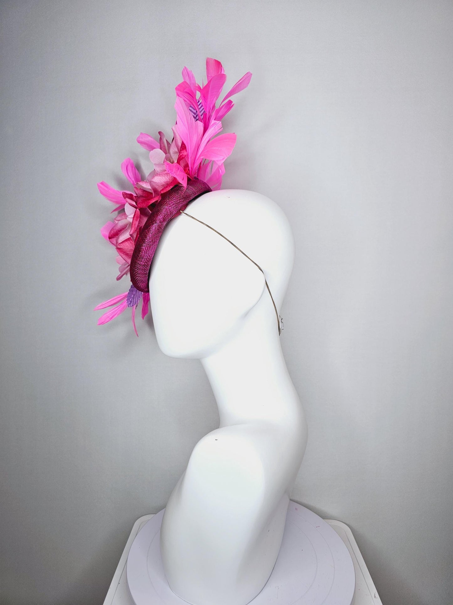 kentucky derby hat fascinator magenta purple sinamay with ombre raspberry pink satin flowers lavender leaves and pink branching feathers