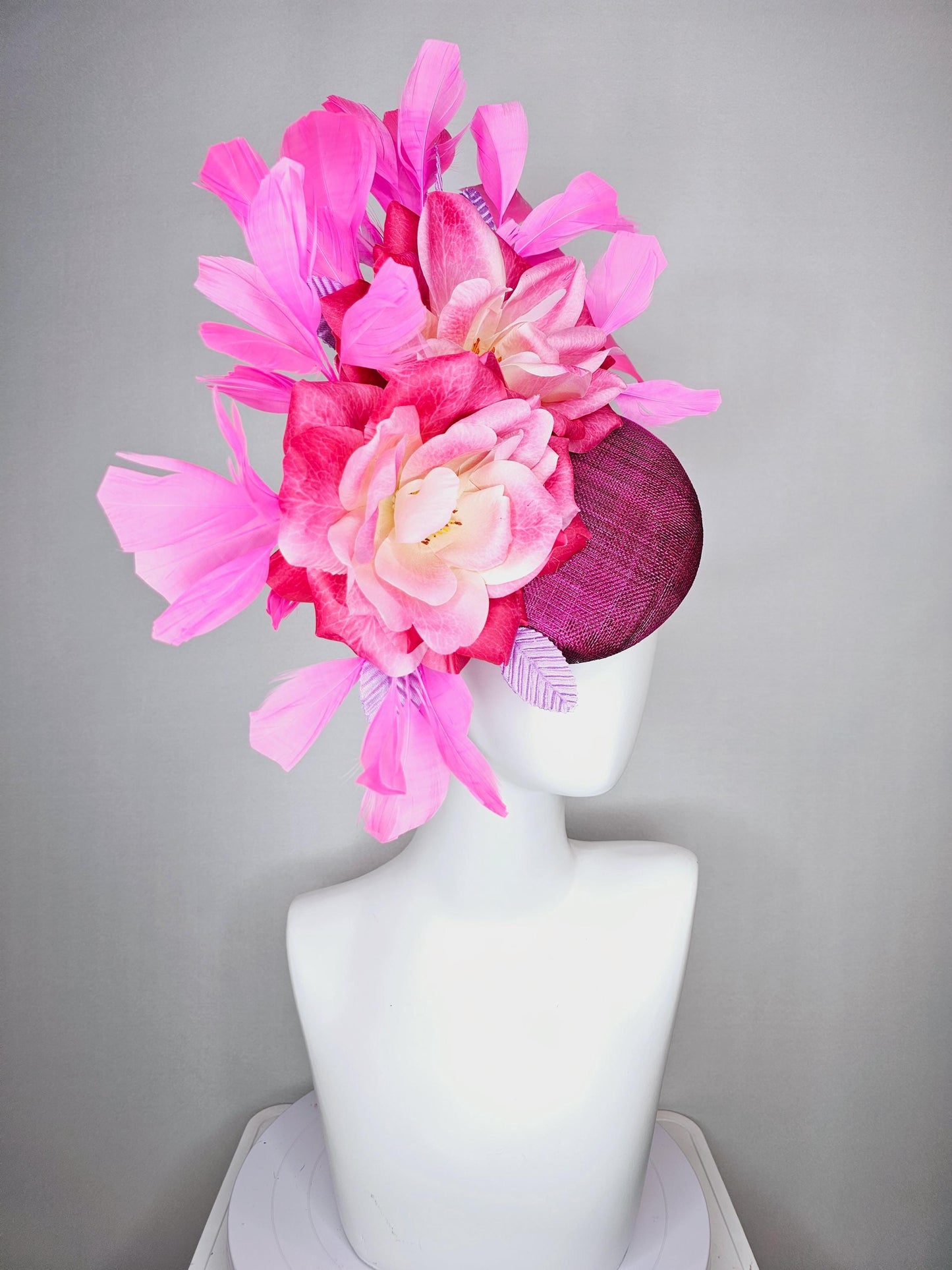 kentucky derby hat fascinator magenta purple sinamay with ombre raspberry pink satin flowers lavender leaves and pink branching feathers