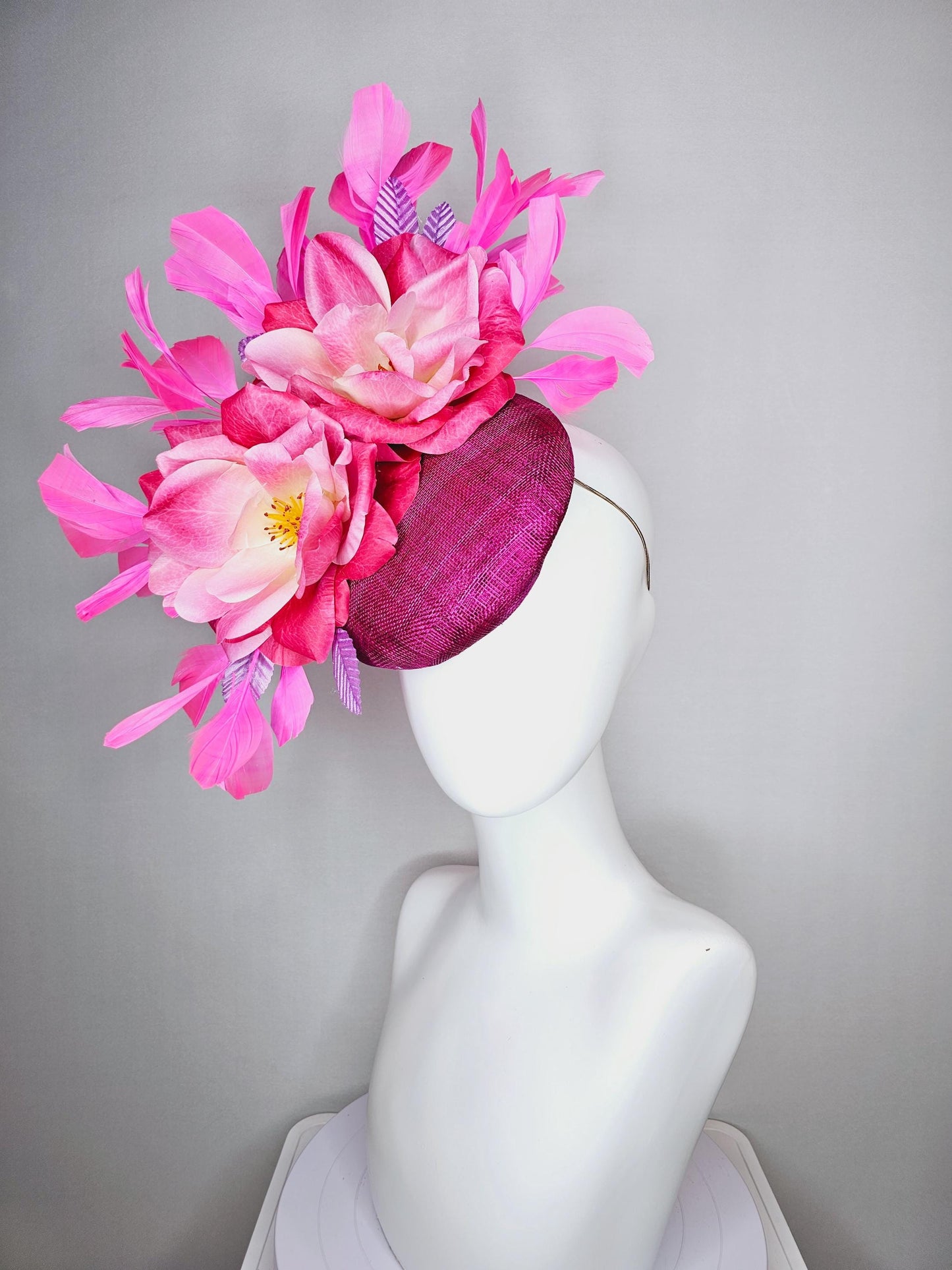 kentucky derby hat fascinator magenta purple sinamay with ombre raspberry pink satin flowers lavender leaves and pink branching feathers