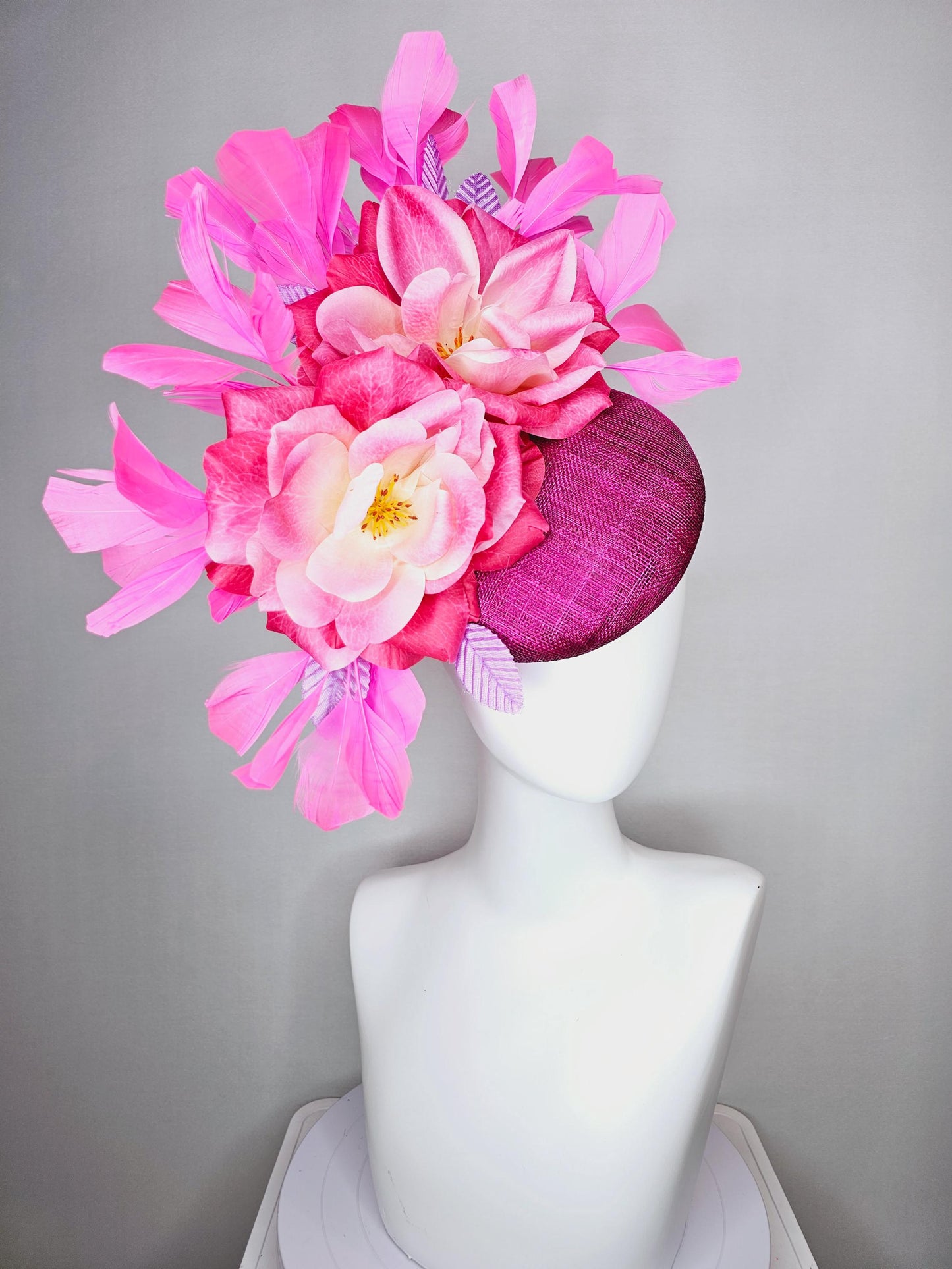 kentucky derby hat fascinator magenta purple sinamay with ombre raspberry pink satin flowers lavender leaves and pink branching feathers