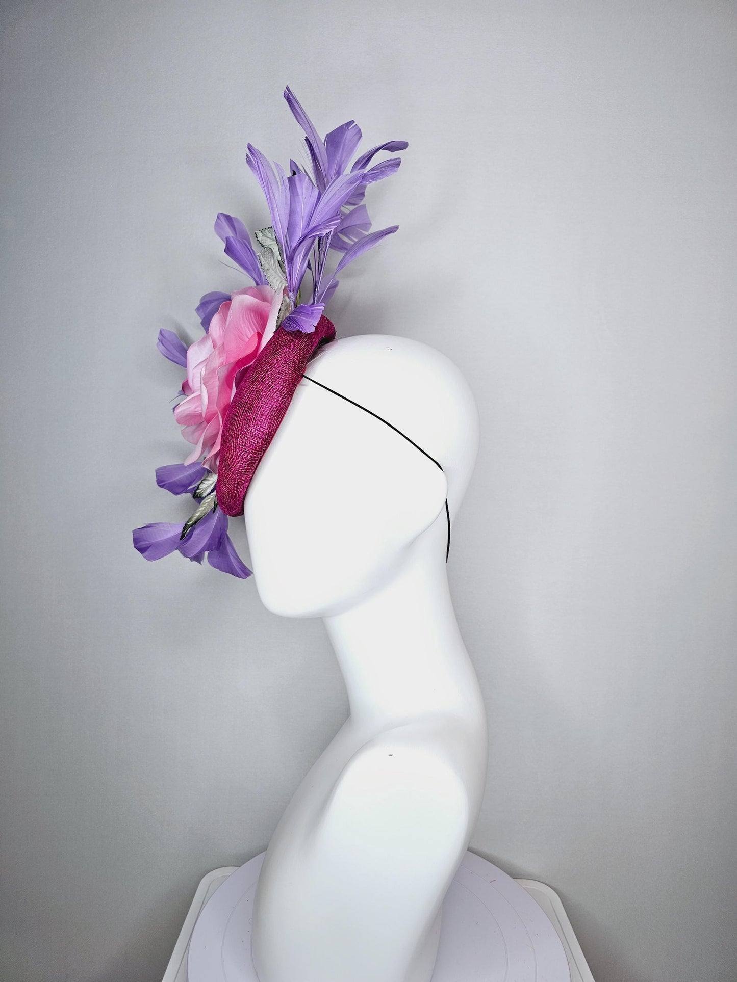 kentucky derby hat fascinator magenta purple sinamay with light pink satin rose flower ombre green leaves lavender purple branching feathers