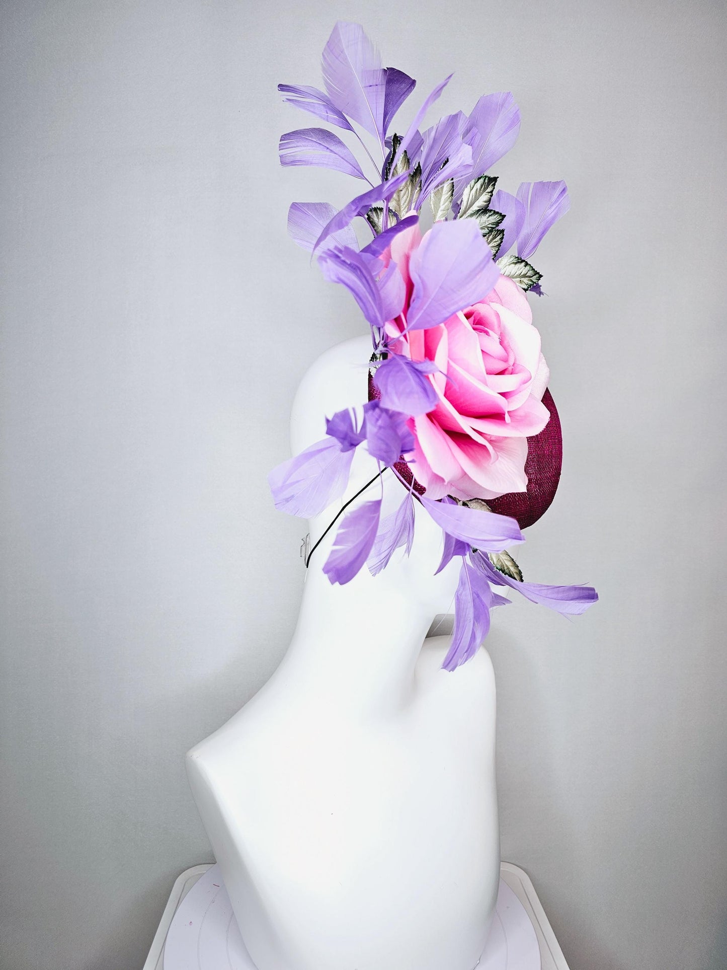 kentucky derby hat fascinator magenta purple sinamay with light pink satin rose flower ombre green leaves lavender purple branching feathers