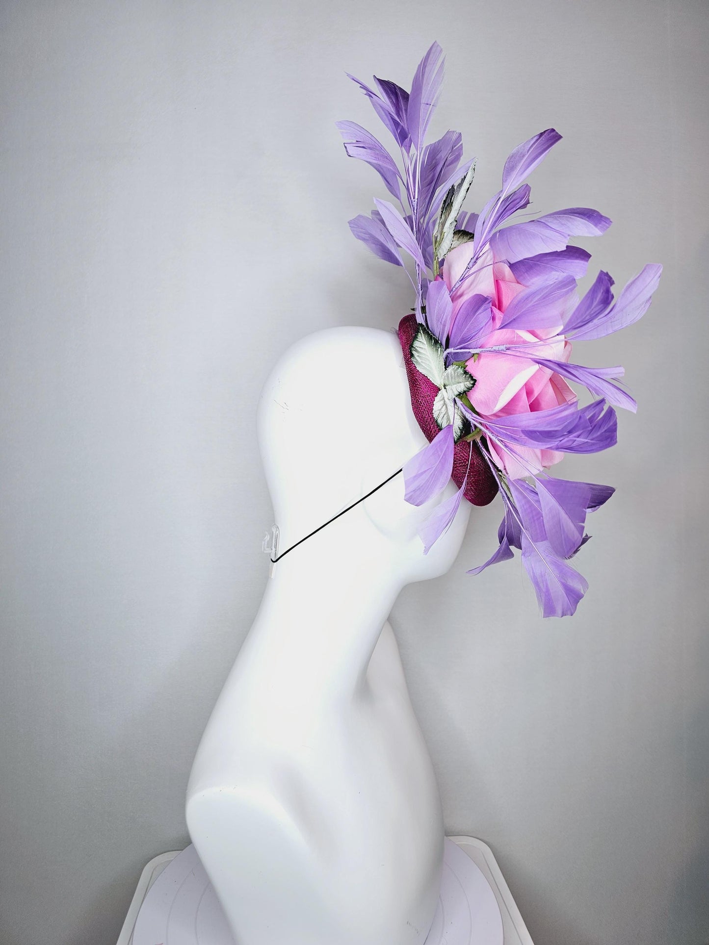 kentucky derby hat fascinator magenta purple sinamay with light pink satin rose flower ombre green leaves lavender purple branching feathers