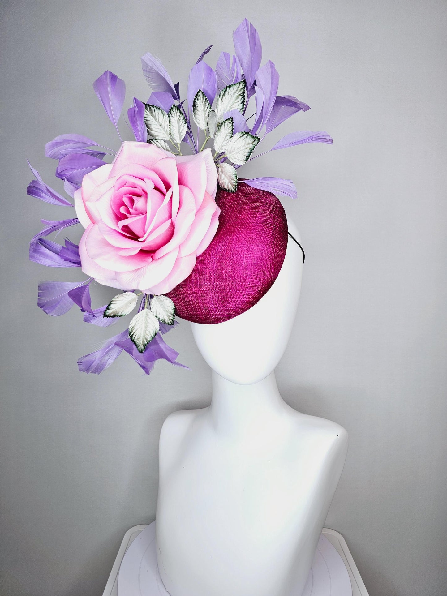 kentucky derby hat fascinator magenta purple sinamay with light pink satin rose flower ombre green leaves lavender purple branching feathers
