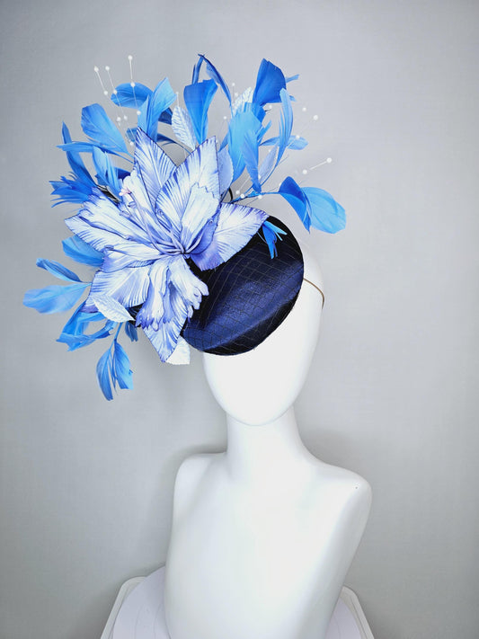 kentucky derby hat fascinator navy blue satin with netting large ombre blue satin flower white leaves navy blue sky blue branching feathers