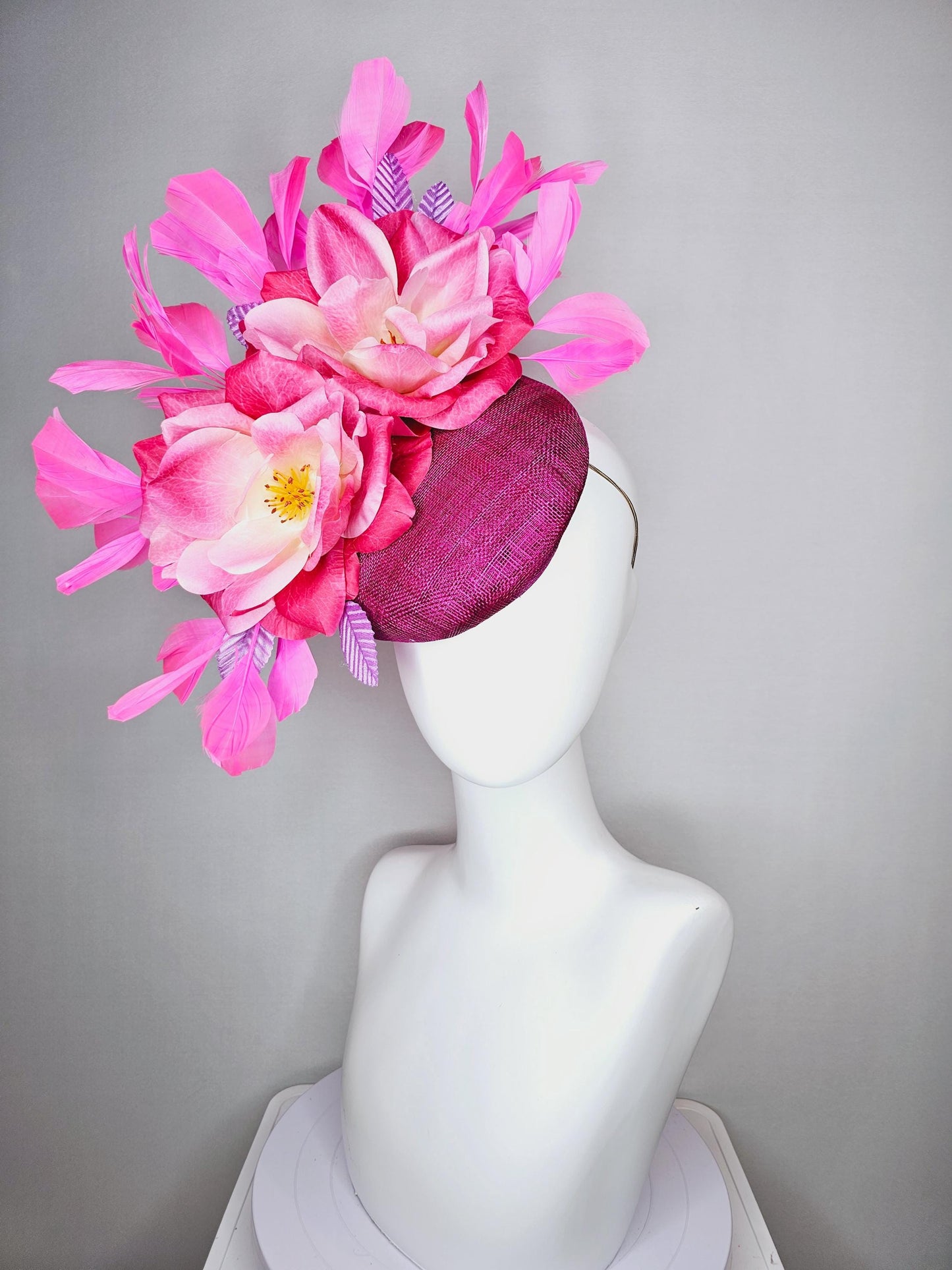 kentucky derby hat fascinator magenta purple sinamay with ombre raspberry pink satin flowers lavender leaves and pink branching feathers
