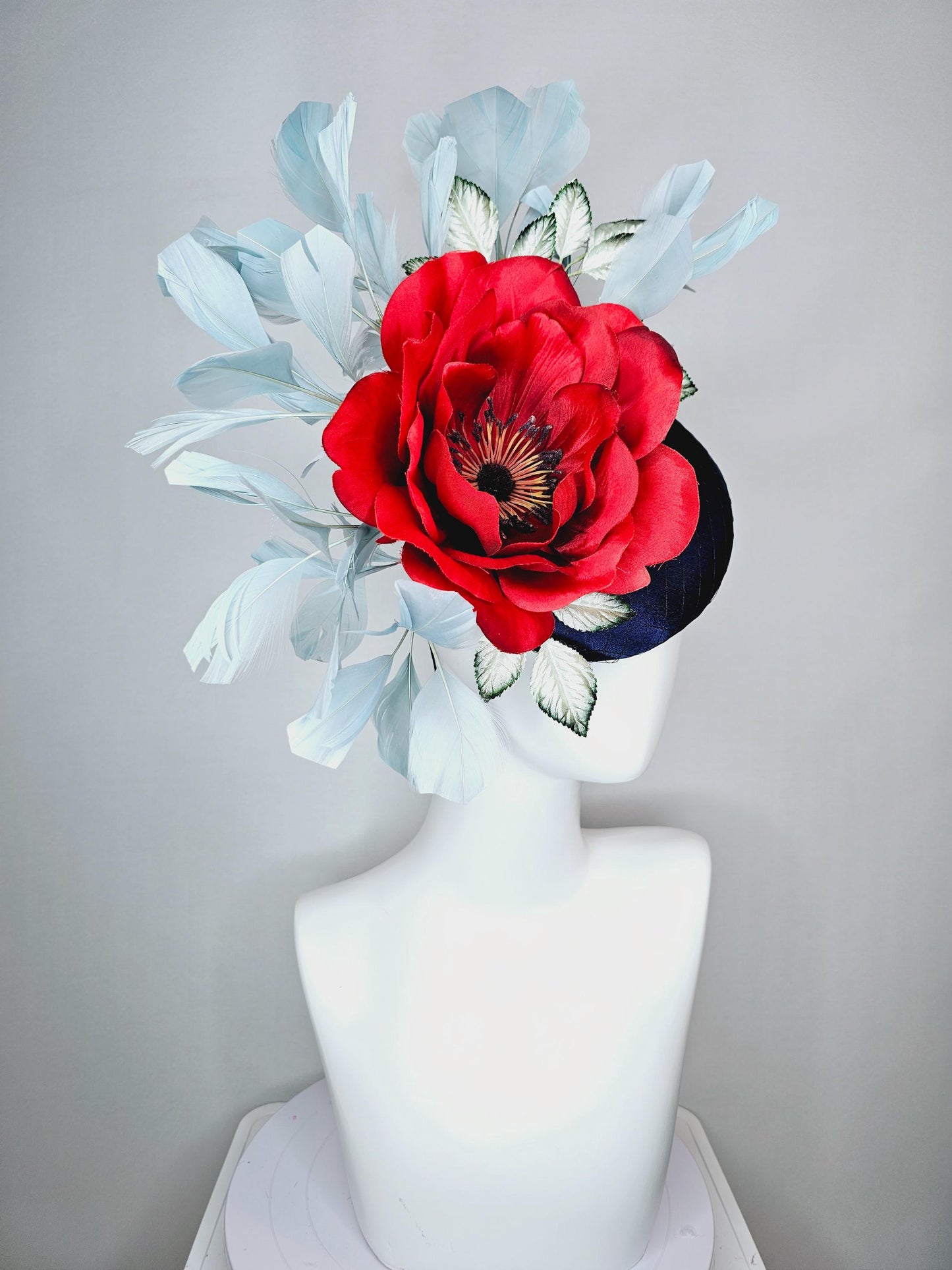 kentucky derby hat fascinator navy blue satin with netting red satin rose flower ombre green leaves with light teal blue branching feathers
