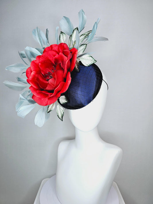 kentucky derby hat fascinator navy blue satin with netting red satin rose flower ombre green leaves with light teal blue branching feathers