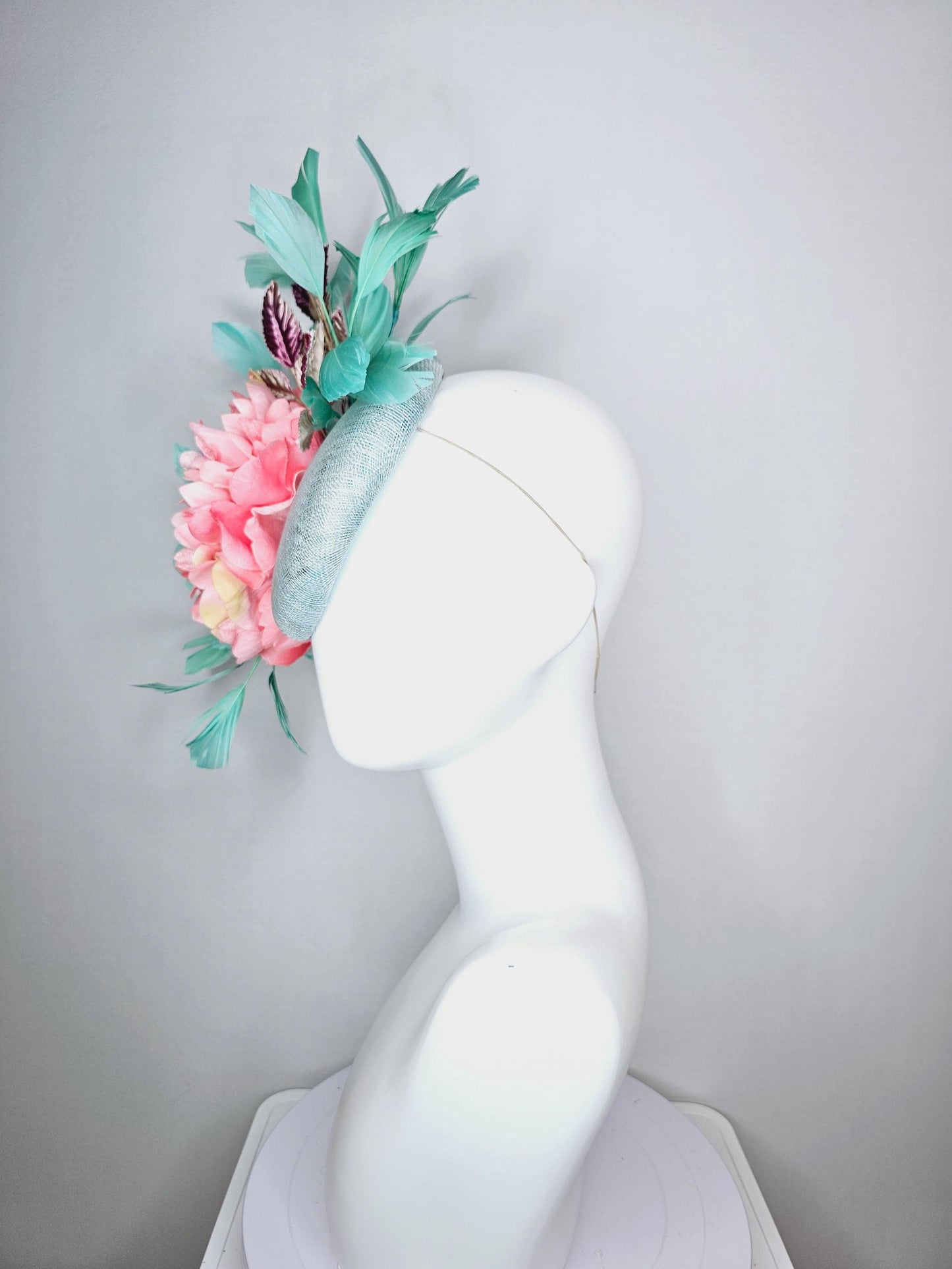 kentucky derby hat fascinator light blue sinamay baby pink satin silk flower magenta purple gold leaves aqua mint green branching feathers