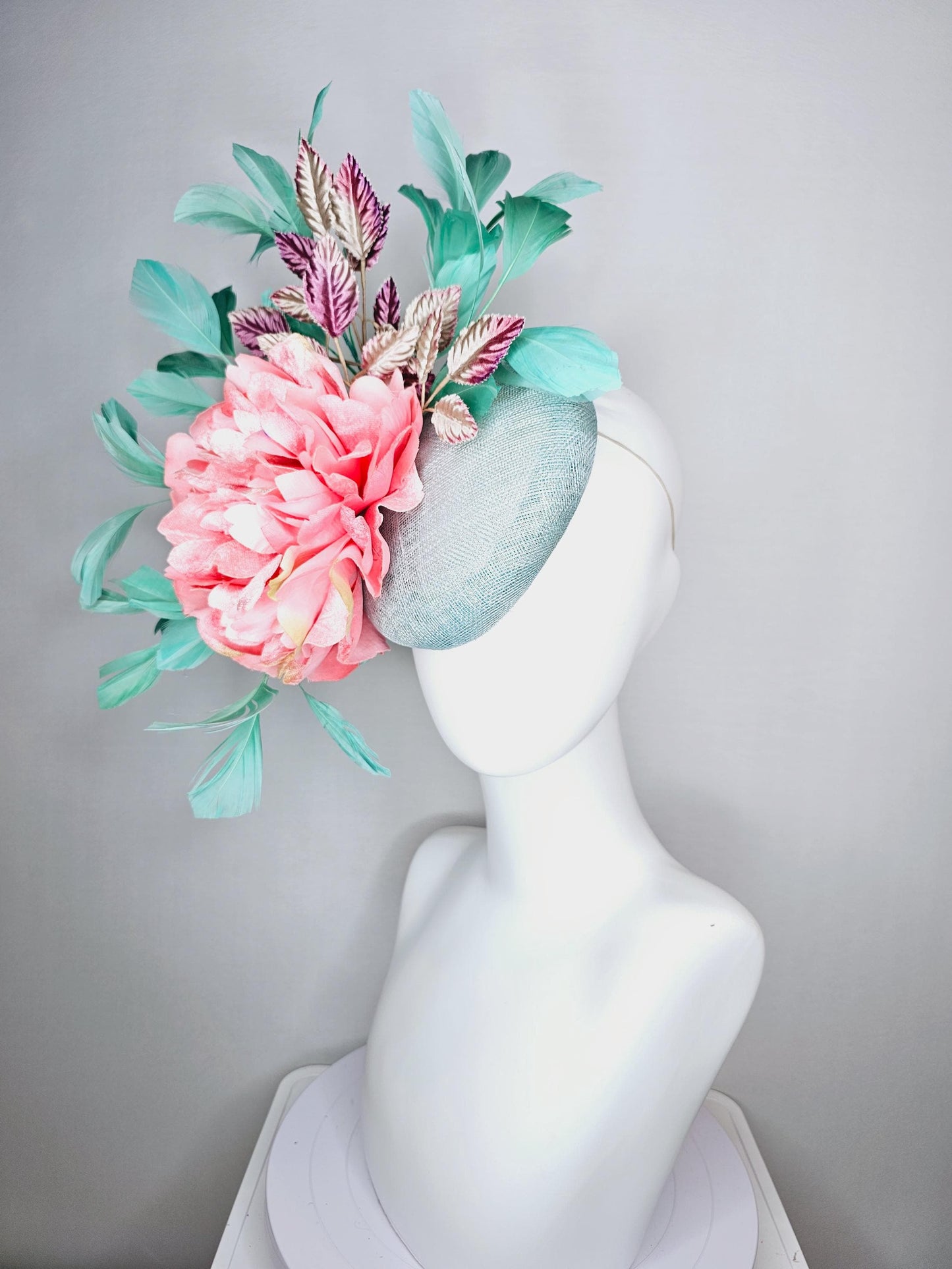kentucky derby hat fascinator light blue sinamay baby pink satin silk flower magenta purple gold leaves aqua mint green branching feathers