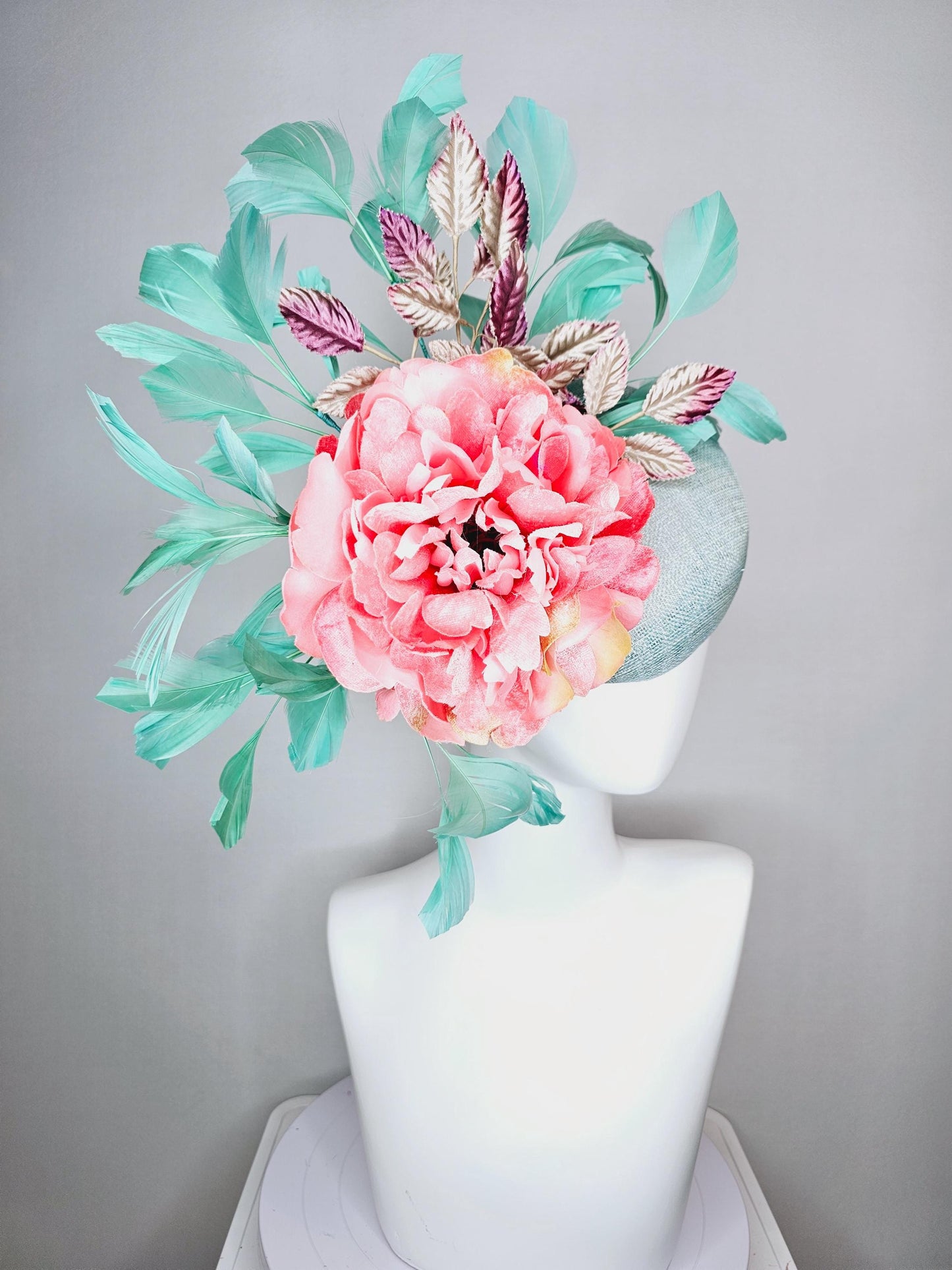 kentucky derby hat fascinator light blue sinamay baby pink satin silk flower magenta purple gold leaves aqua mint green branching feathers