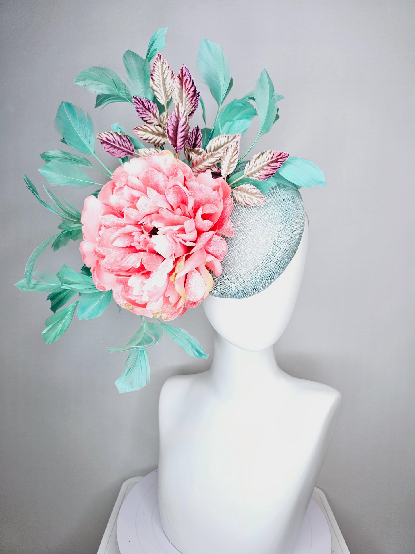 kentucky derby hat fascinator light blue sinamay baby pink satin silk flower magenta purple gold leaves aqua mint green branching feathers