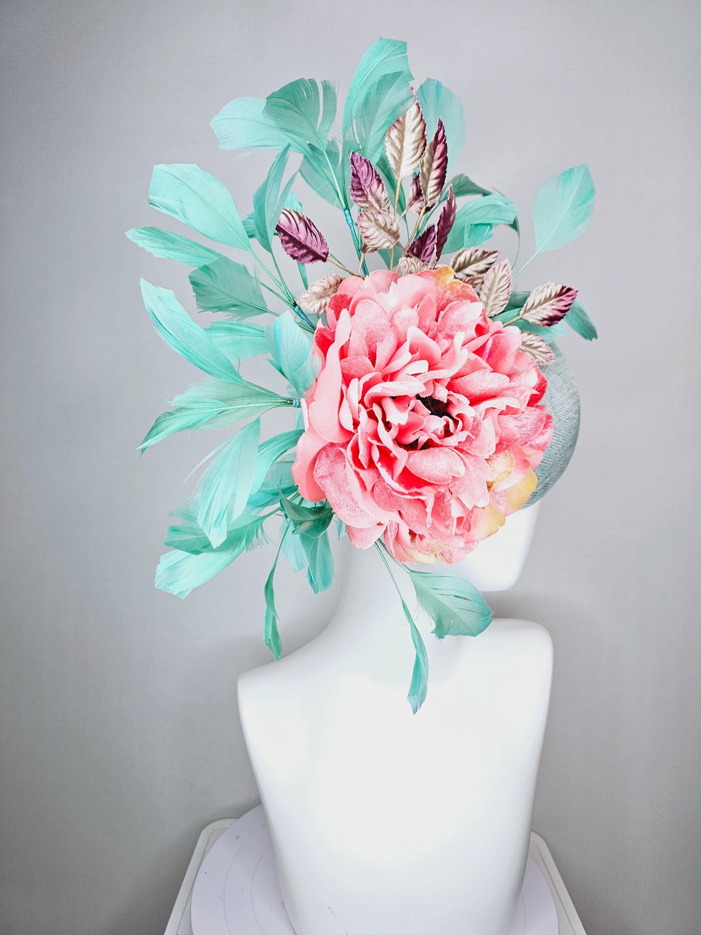 kentucky derby hat fascinator light blue sinamay baby pink satin silk flower magenta purple gold leaves aqua mint green branching feathers