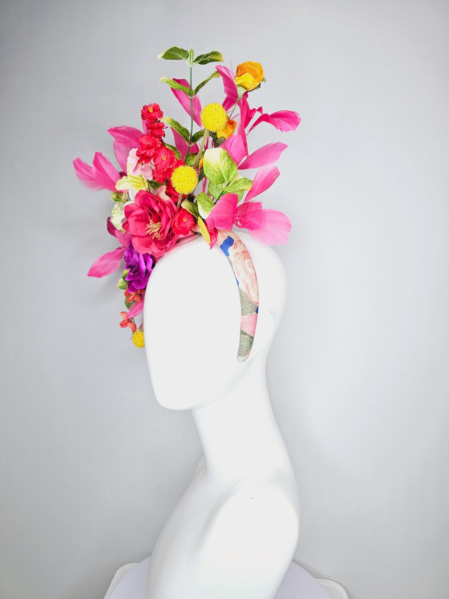 kentucky derby hat fascinator headband colorful raspberry pink magenta yellow red peach orange flowers green yellow leaves pink feathers