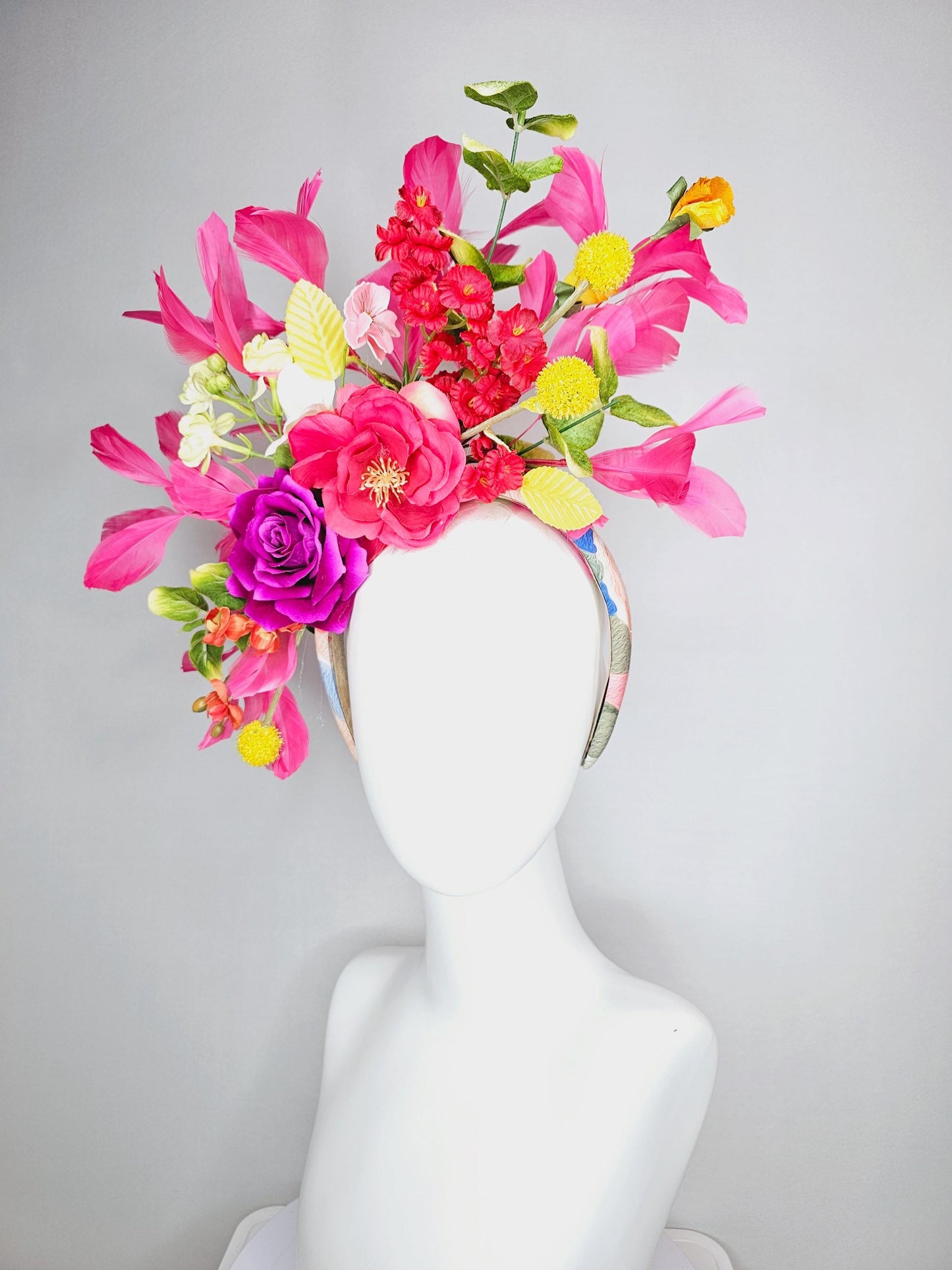 kentucky derby hat fascinator headband colorful raspberry pink magenta yellow red peach orange flowers green yellow leaves pink feathers