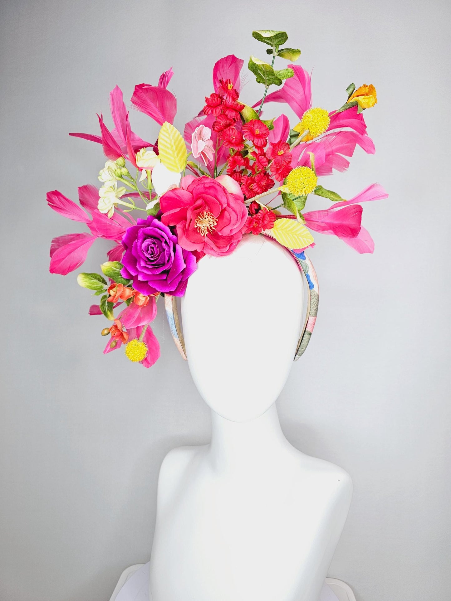 kentucky derby hat fascinator headband colorful raspberry pink magenta yellow red peach orange flowers green yellow leaves pink feathers