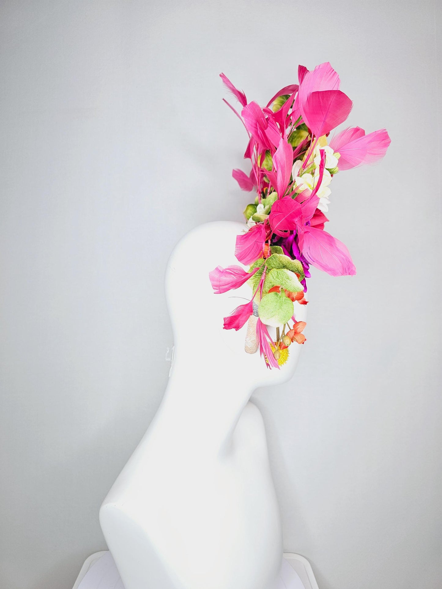 kentucky derby hat fascinator headband colorful raspberry pink magenta yellow red peach orange flowers green yellow leaves pink feathers