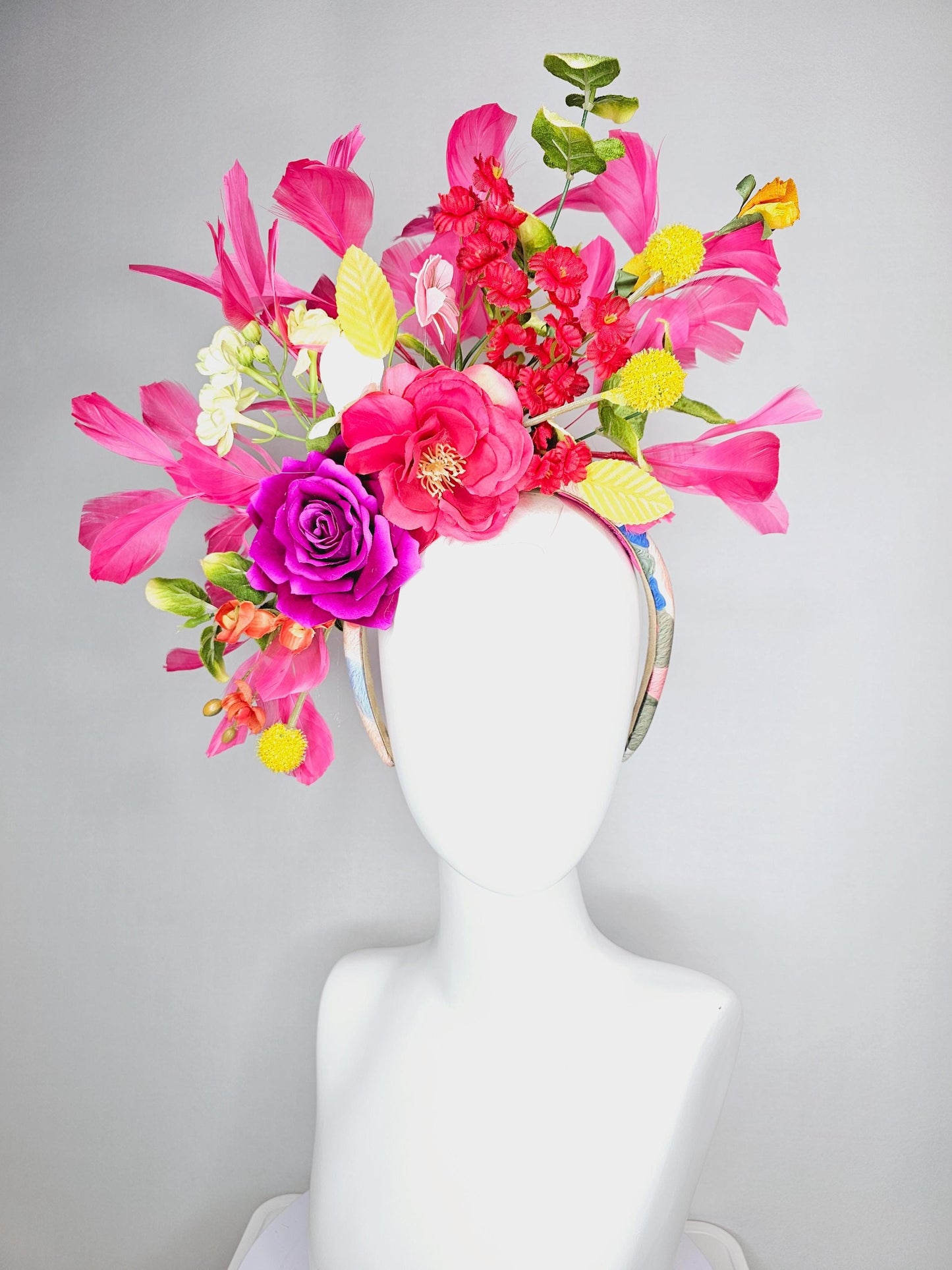 kentucky derby hat fascinator headband colorful raspberry pink magenta yellow red peach orange flowers green yellow leaves pink feathers