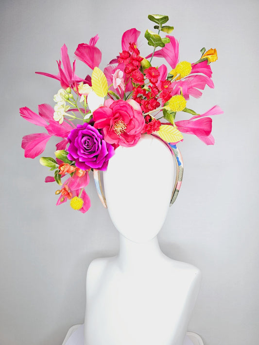 kentucky derby hat fascinator headband colorful raspberry pink magenta yellow red peach orange flowers green yellow leaves pink feathers