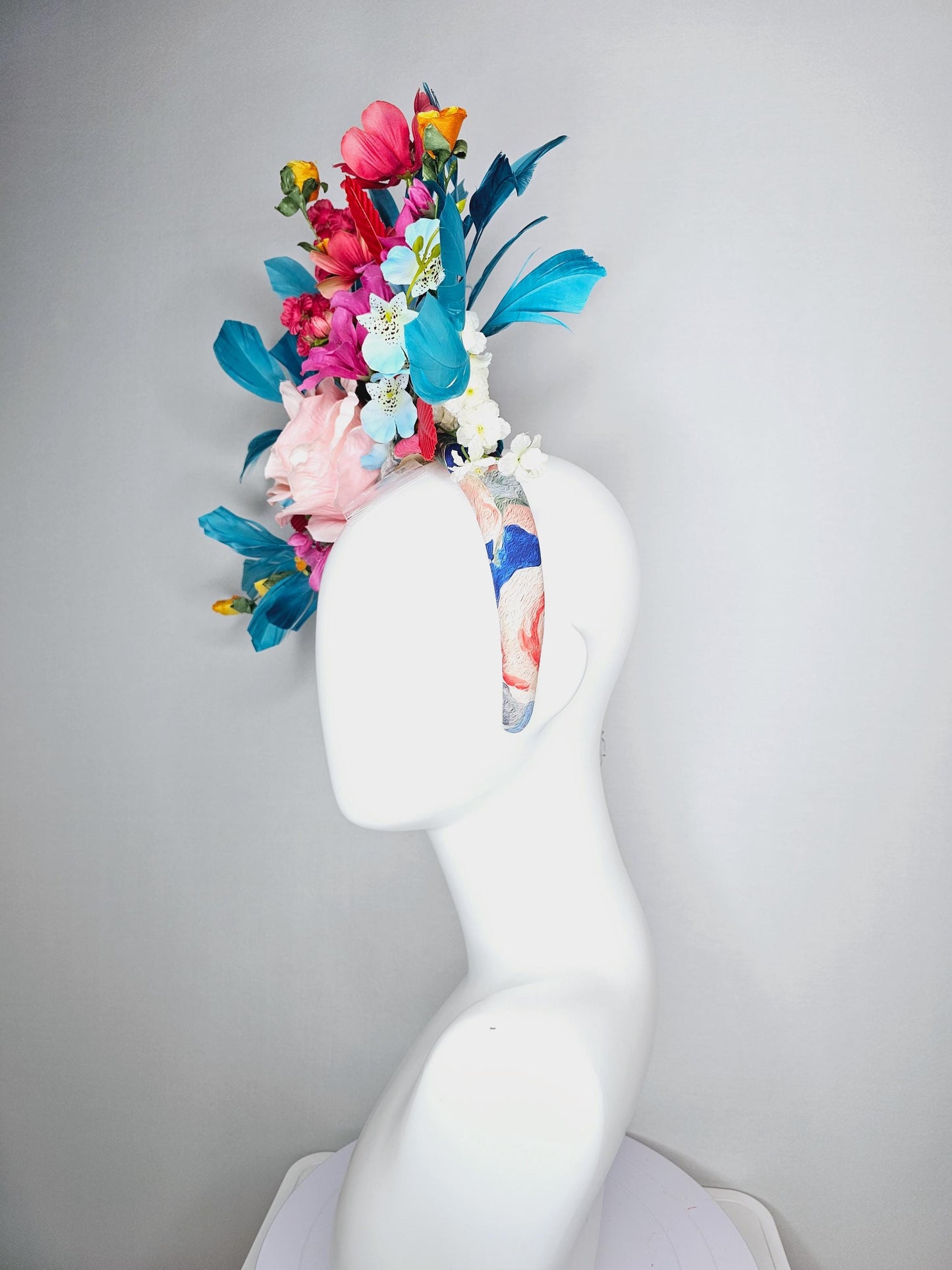 kentucky derby hat fascinator headband colorful light pink raspberry red blue yellow white flowers cherry red leaves turquoise blue feathers