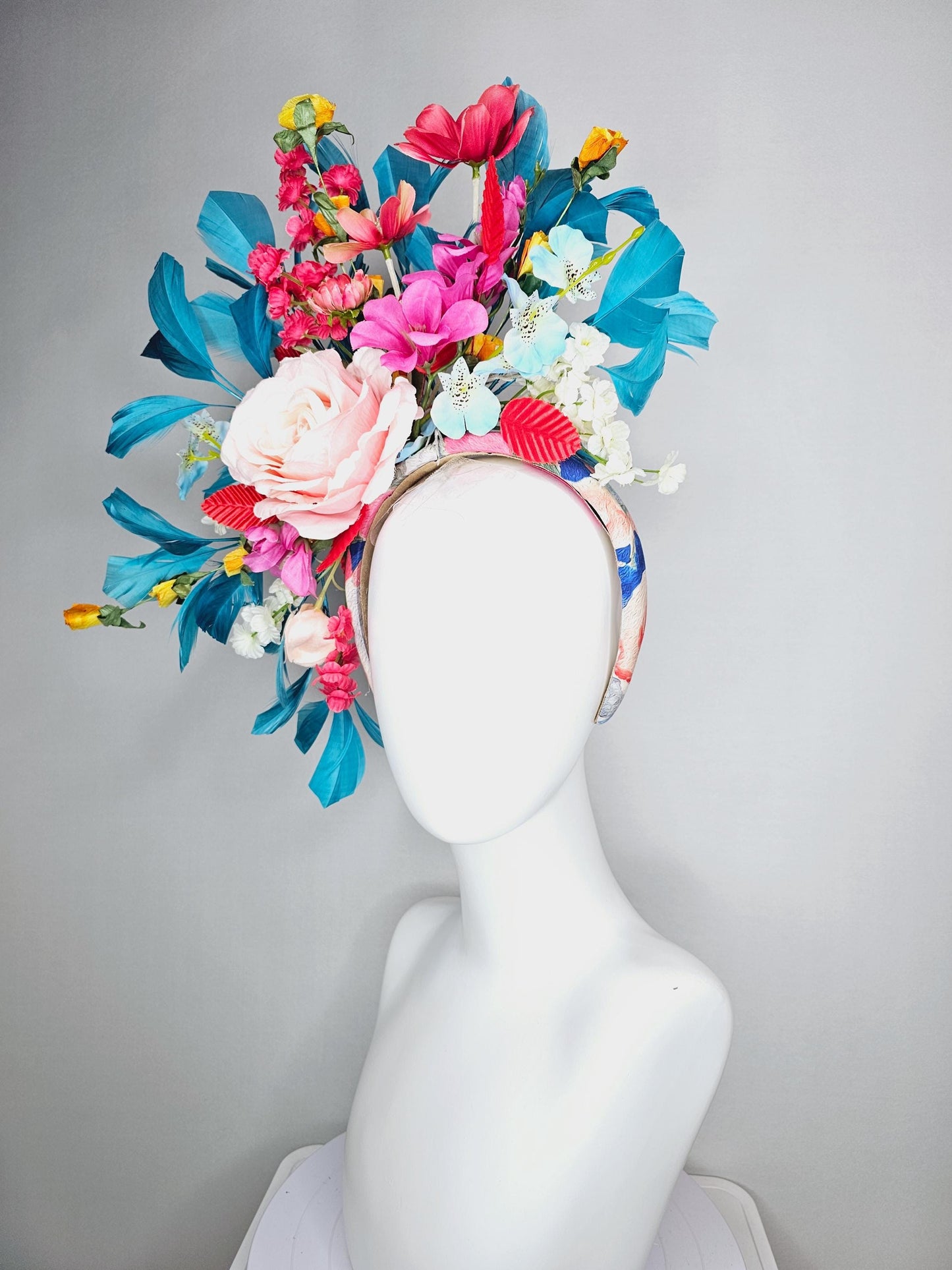 kentucky derby hat fascinator headband colorful light pink raspberry red blue yellow white flowers cherry red leaves turquoise blue feathers