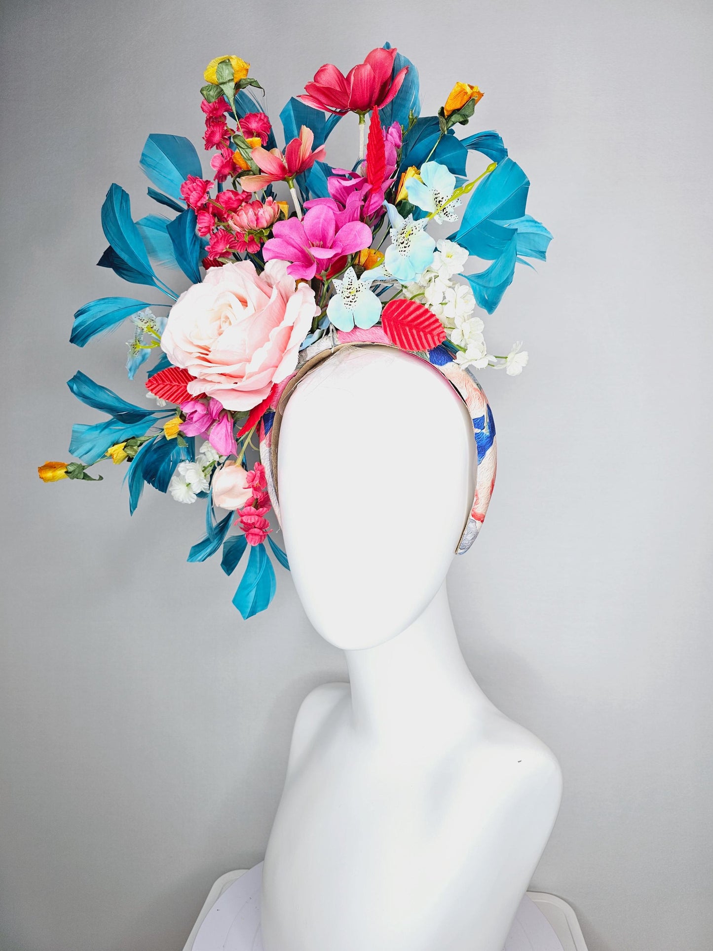 kentucky derby hat fascinator headband colorful light pink raspberry red blue yellow white flowers cherry red leaves turquoise blue feathers
