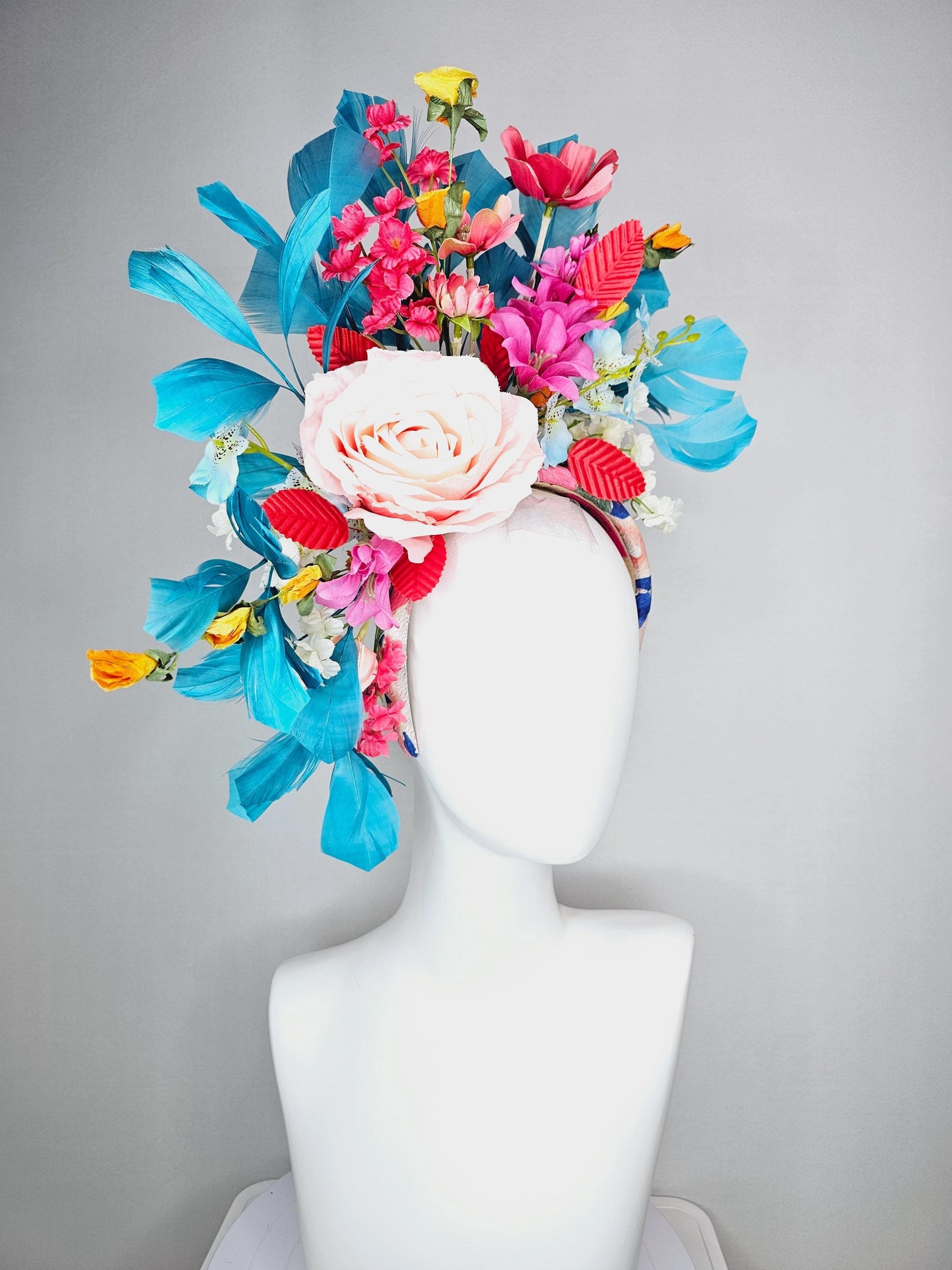kentucky derby hat fascinator headband colorful light pink raspberry red blue yellow white flowers cherry red leaves turquoise blue feathers
