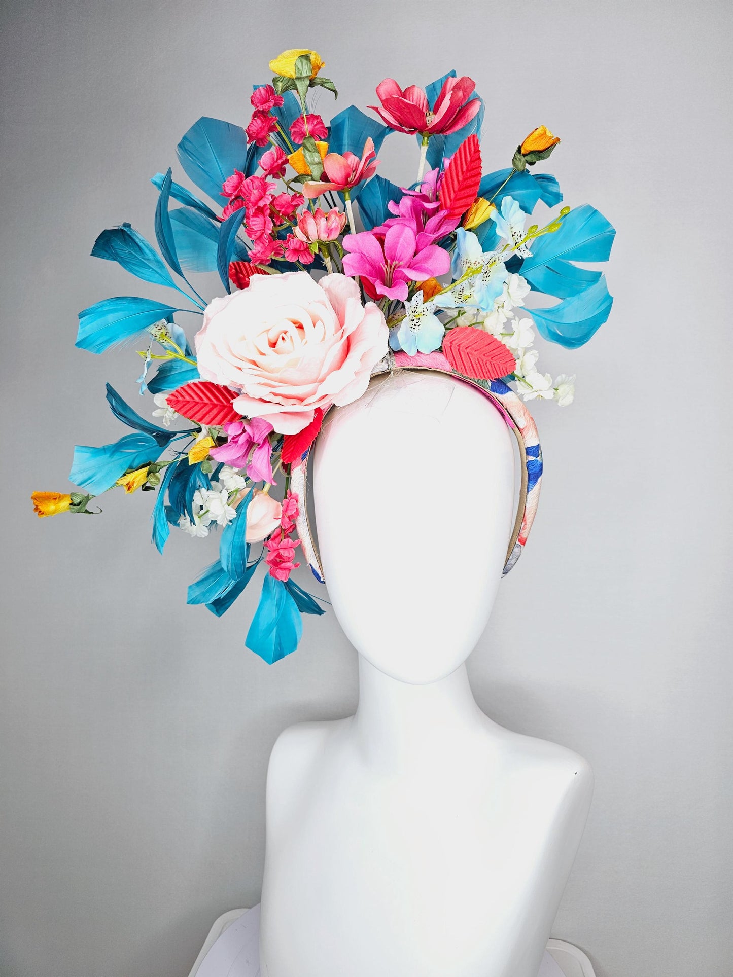 kentucky derby hat fascinator headband colorful light pink raspberry red blue yellow white flowers cherry red leaves turquoise blue feathers