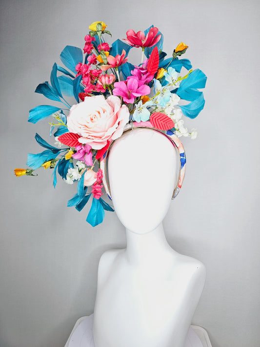 kentucky derby hat fascinator headband colorful light pink raspberry red blue yellow white flowers cherry red leaves turquoise blue feathers