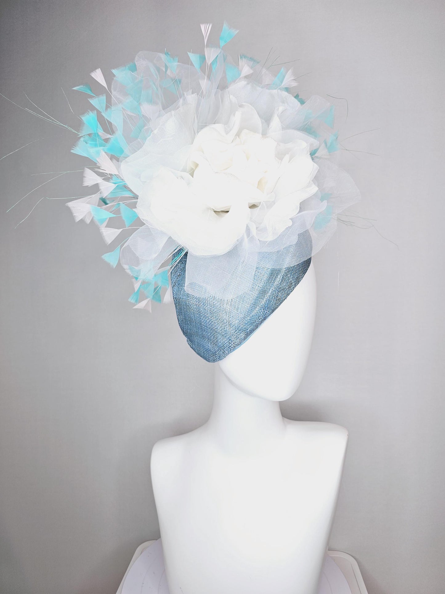 kentucky derby hat fascinator baby blue pointed teardrop sinamay with white organza satin flower and aqua blue white teal blue feathers