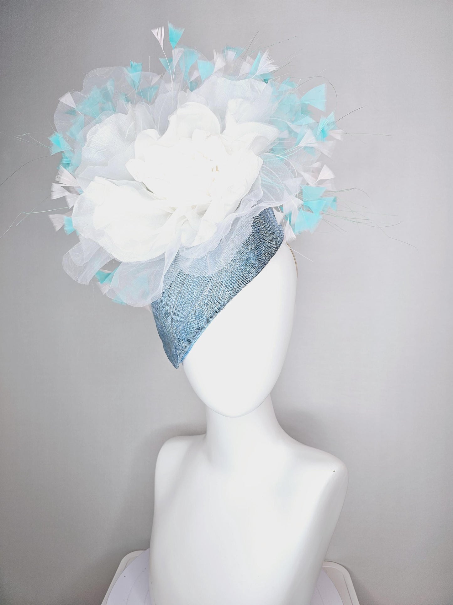 kentucky derby hat fascinator baby blue pointed teardrop sinamay with white organza satin flower and aqua blue white teal blue feathers