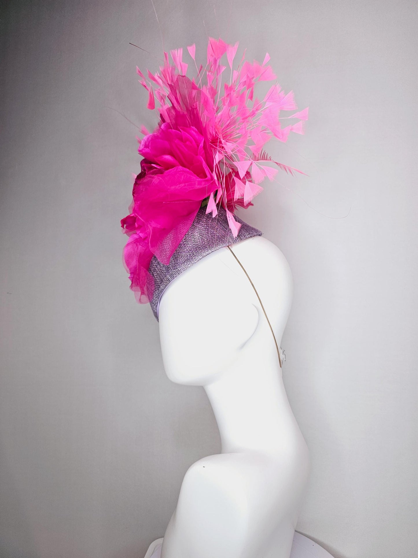 kentucky derby hat fascinator lavender purple pointed teardrop perch sinamay large bright pink organza satin flower and baby pink feathers