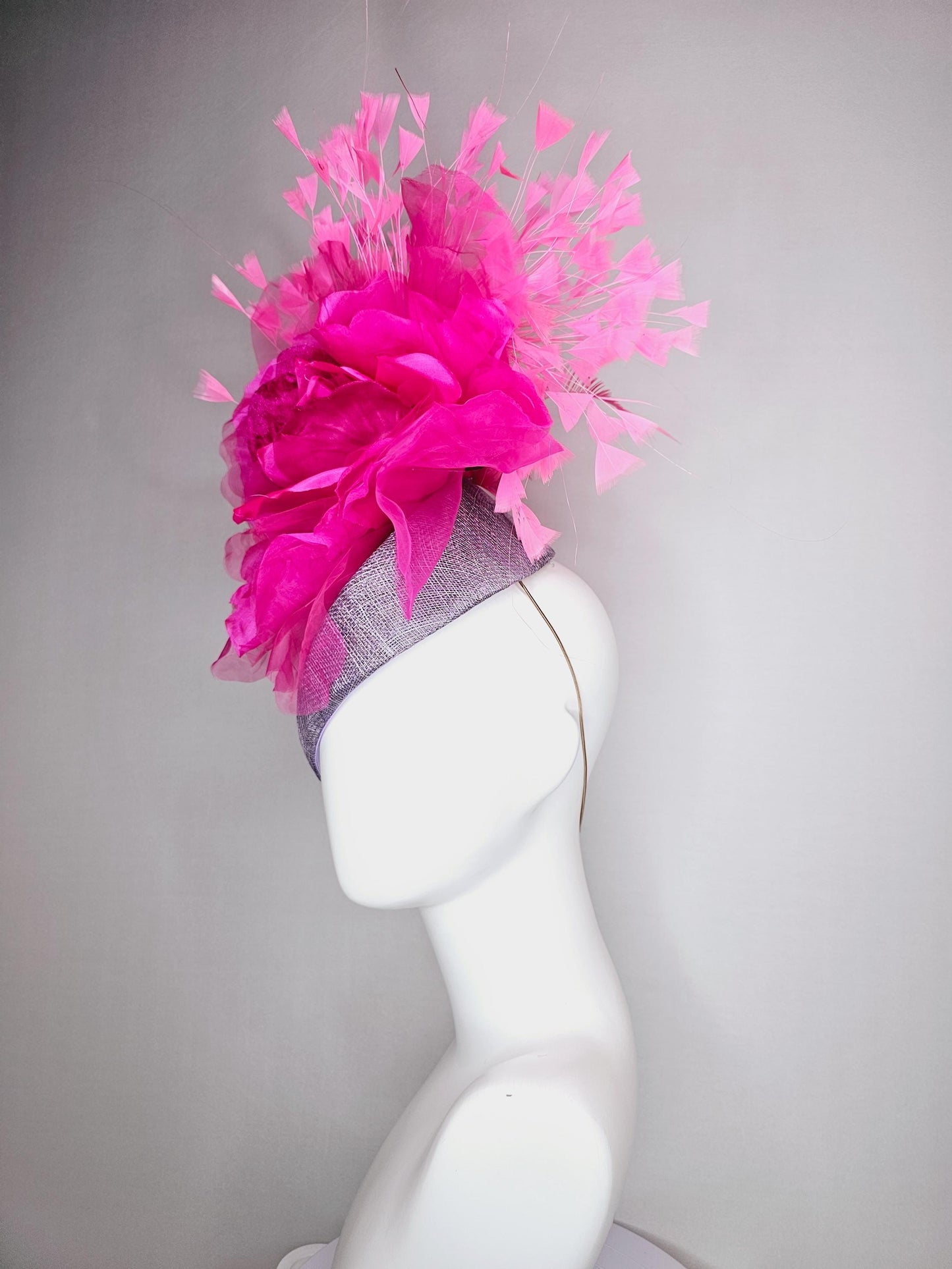 kentucky derby hat fascinator lavender purple pointed teardrop perch sinamay large bright pink organza satin flower and baby pink feathers