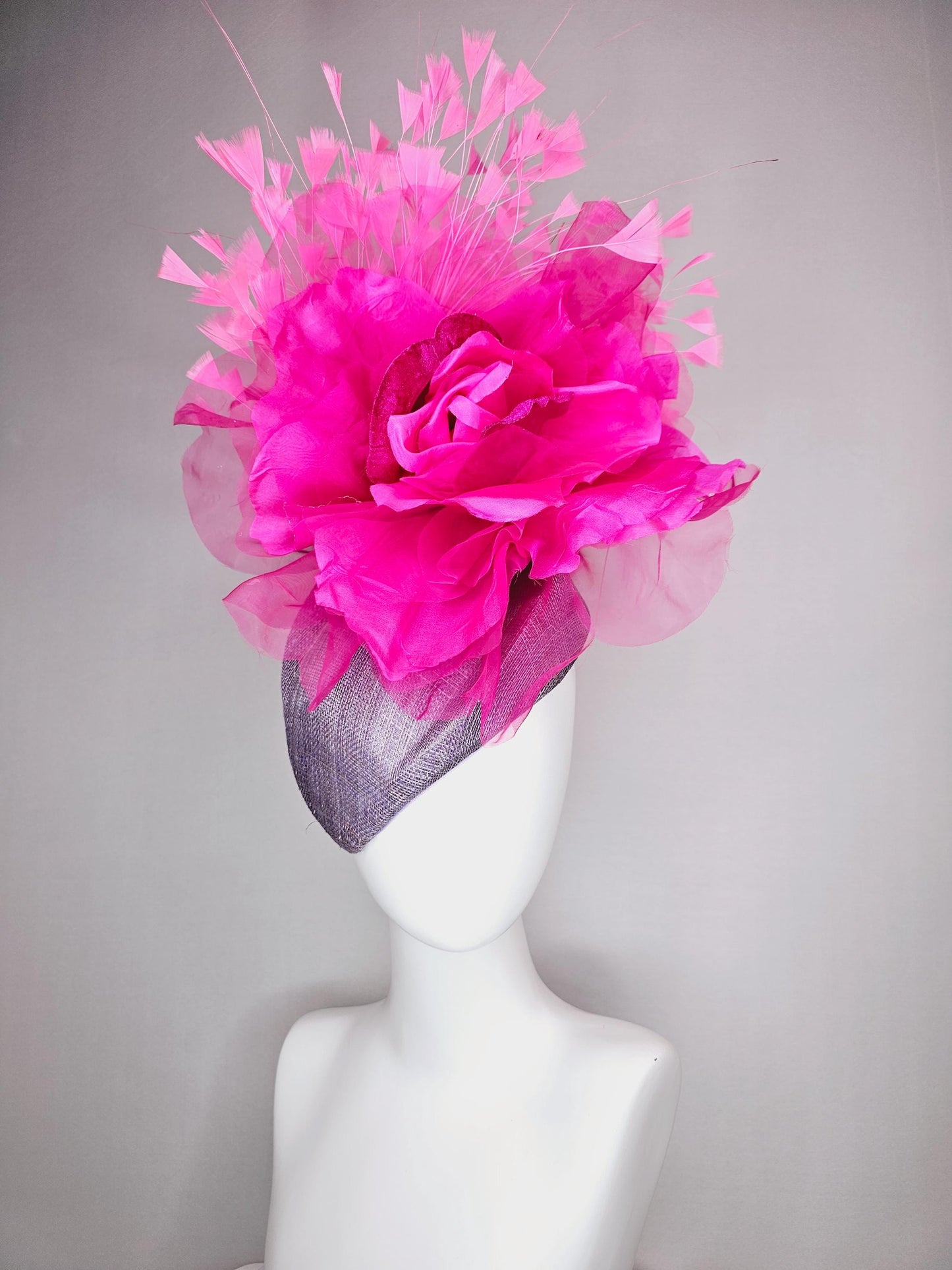 kentucky derby hat fascinator lavender purple pointed teardrop perch sinamay large bright pink organza satin flower and baby pink feathers