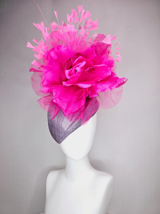 kentucky derby hat fascinator lavender purple pointed teardrop perch sinamay large bright pink organza satin flower and baby pink feathers