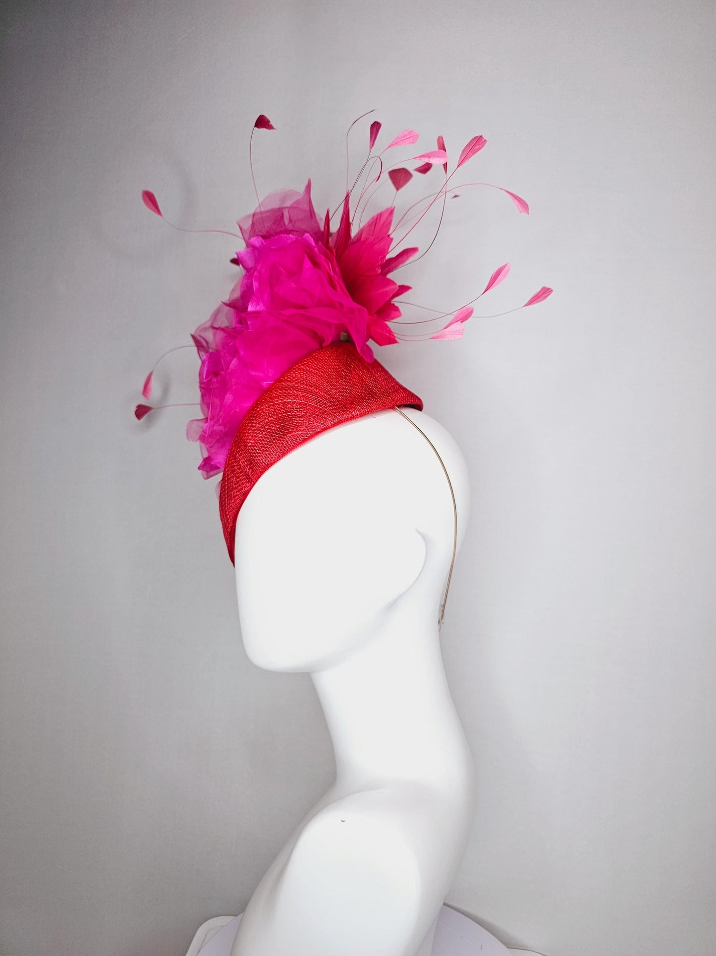 kentucky derby hat fascinator scarlet red pointed teardrop perch sinamay large bright pink organza satin flower hot pink branching feathers