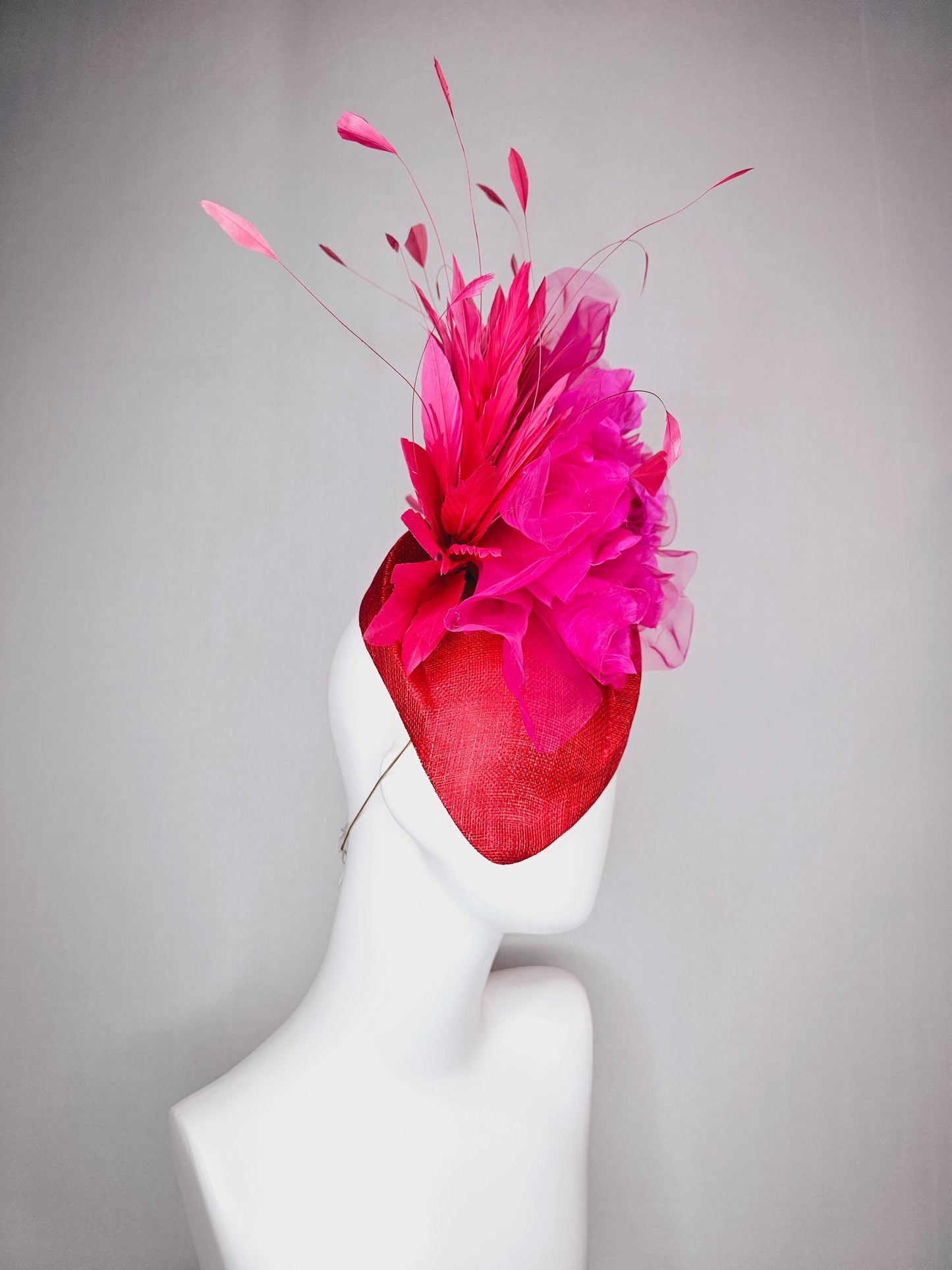 kentucky derby hat fascinator scarlet red pointed teardrop perch sinamay large bright pink organza satin flower hot pink branching feathers