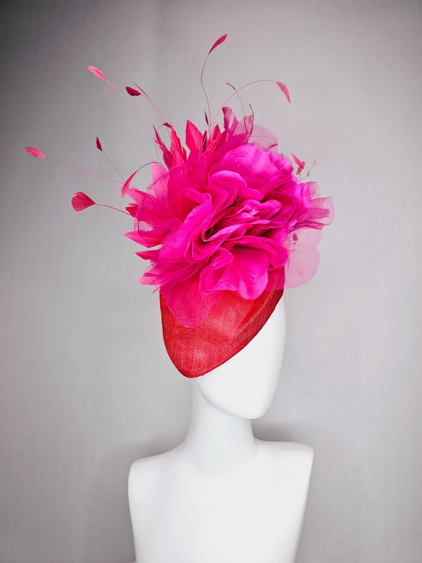 kentucky derby hat fascinator scarlet red pointed teardrop perch sinamay large bright pink organza satin flower hot pink branching feathers