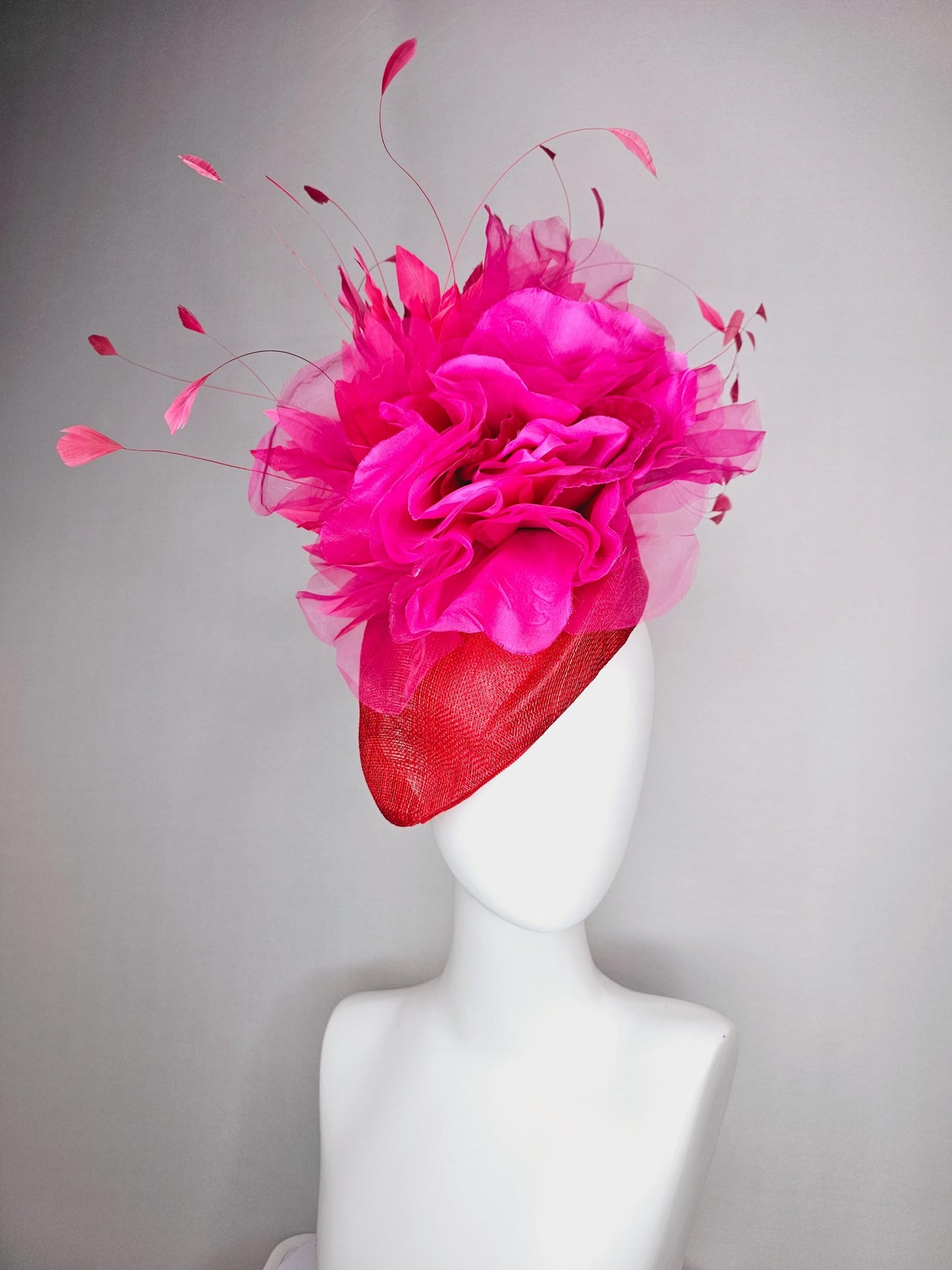 kentucky derby hat fascinator scarlet red pointed teardrop perch sinamay large bright pink organza satin flower hot pink branching feathers