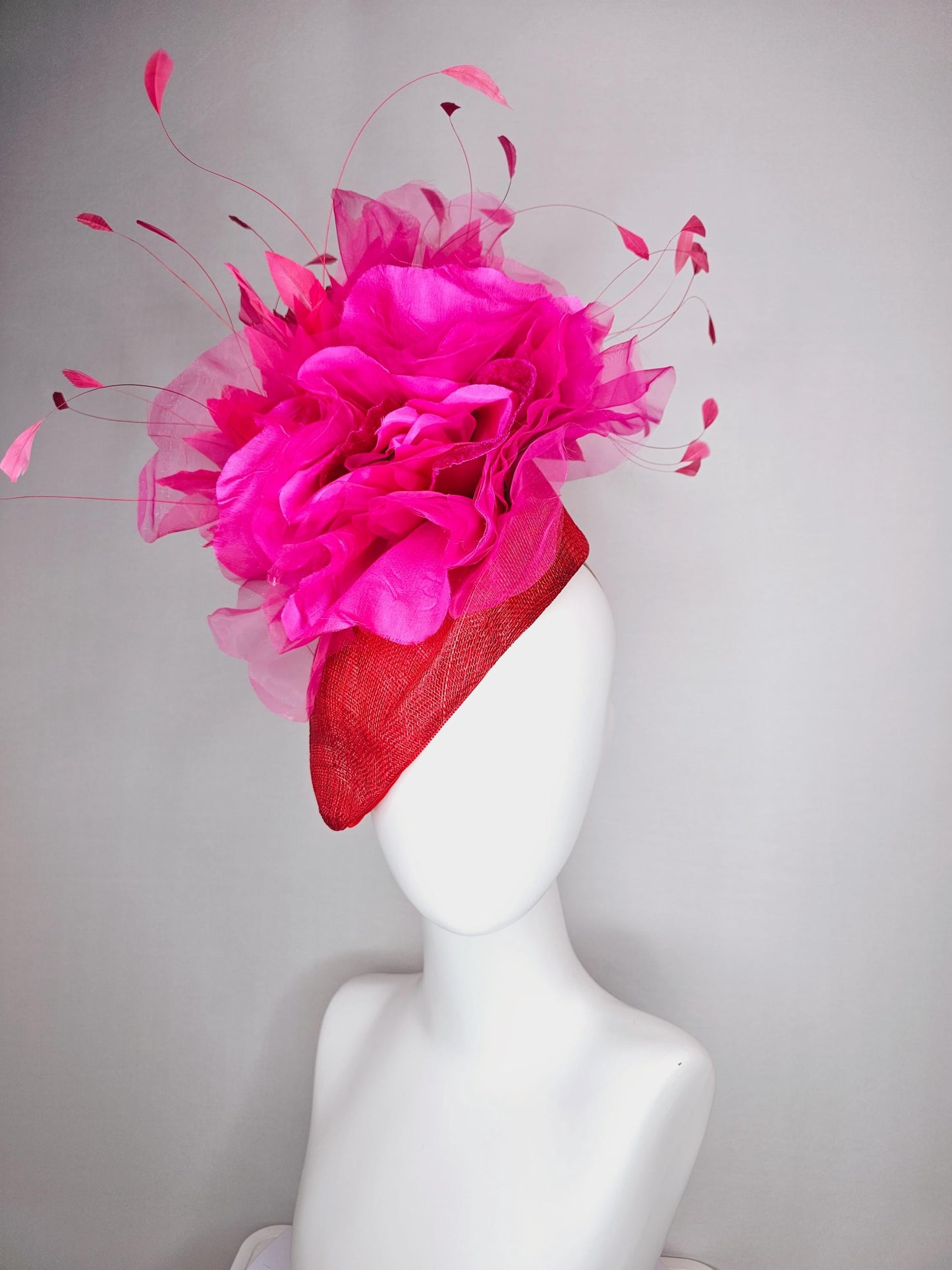 kentucky derby hat fascinator scarlet red pointed teardrop perch sinamay large bright pink organza satin flower hot pink branching feathers