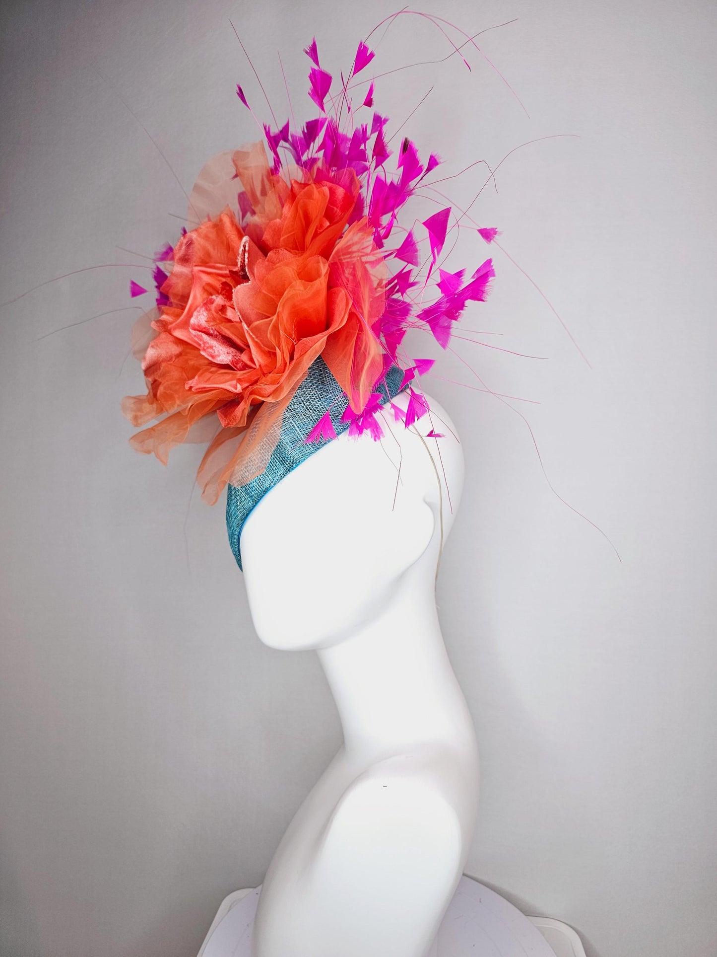 kentucky derby hat fascinator turquoise sky blue pointed teardrop sinamay large salmon orange organza satin flower fuchsia pink feathers