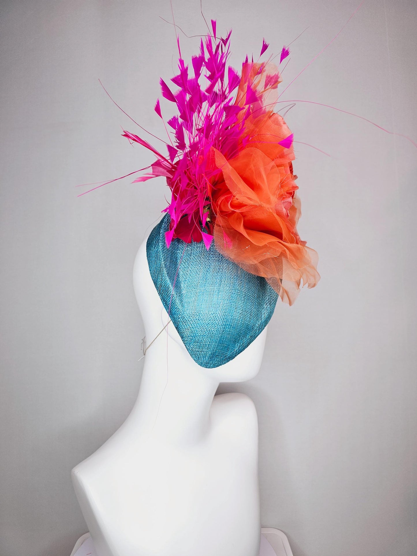 kentucky derby hat fascinator turquoise sky blue pointed teardrop sinamay large salmon orange organza satin flower fuchsia pink feathers