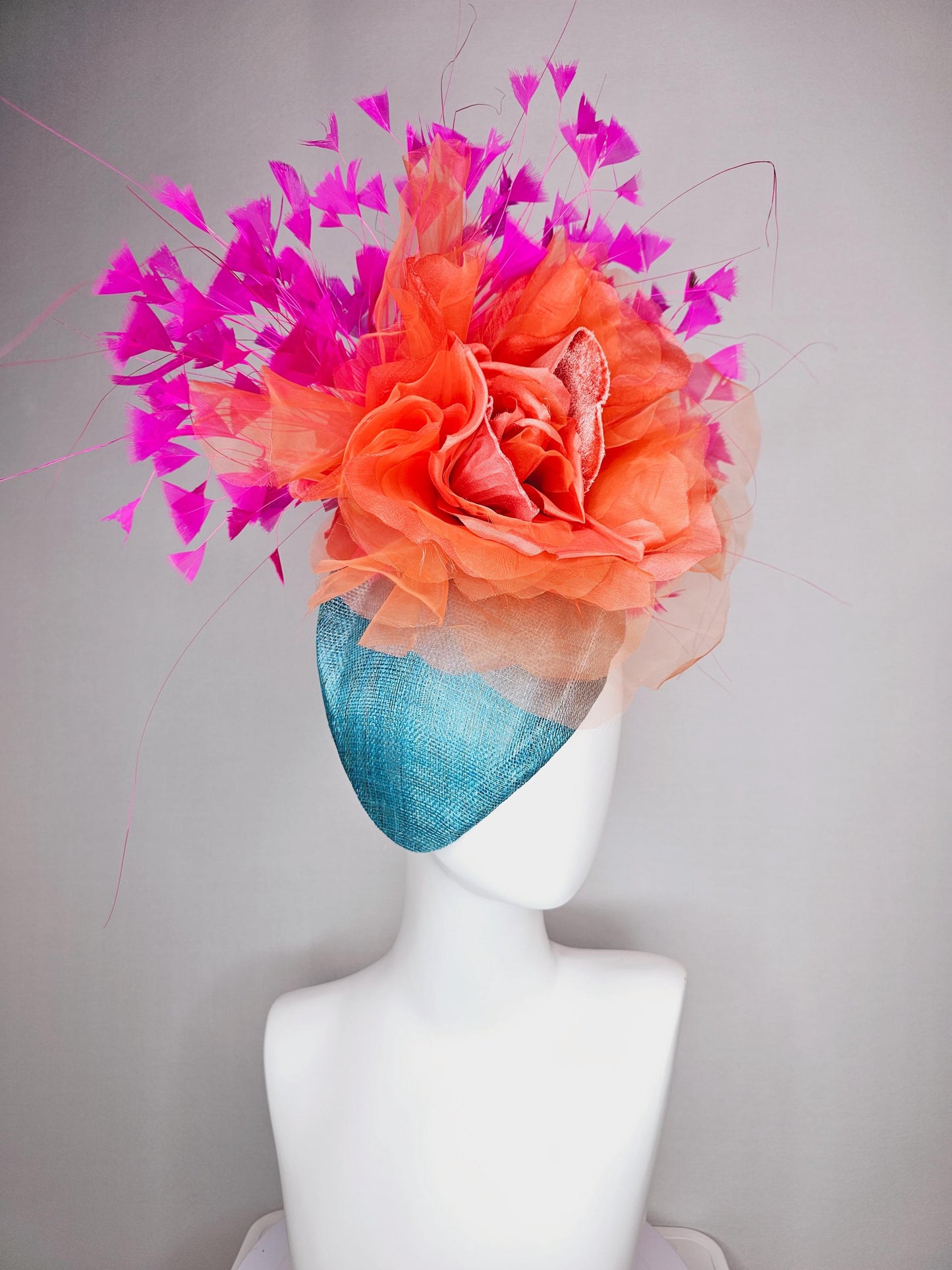 kentucky derby hat fascinator turquoise sky blue pointed teardrop sinamay large salmon orange organza satin flower fuchsia pink feathers