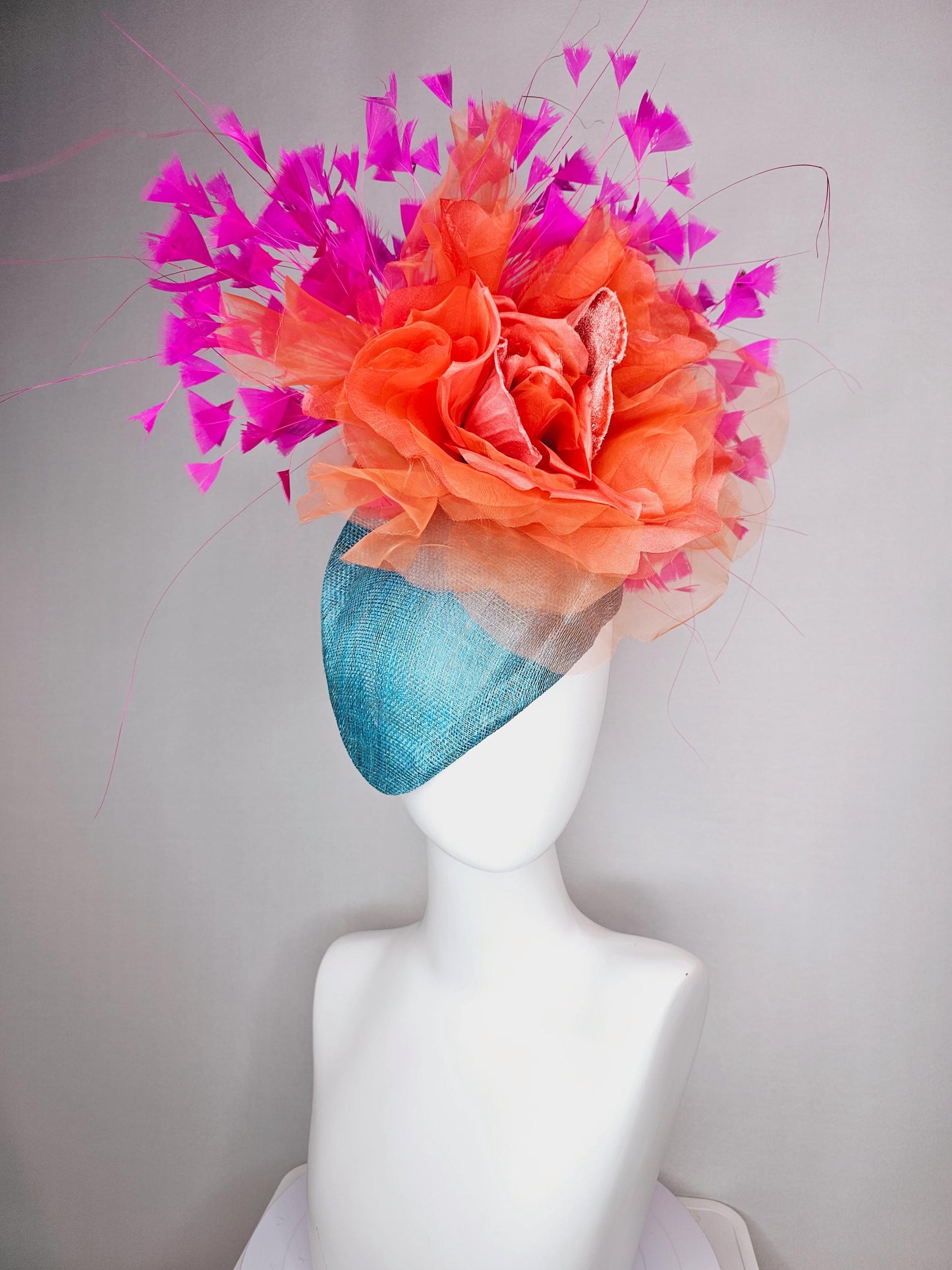 kentucky derby hat fascinator turquoise sky blue pointed teardrop sinamay large salmon orange organza satin flower fuchsia pink feathers