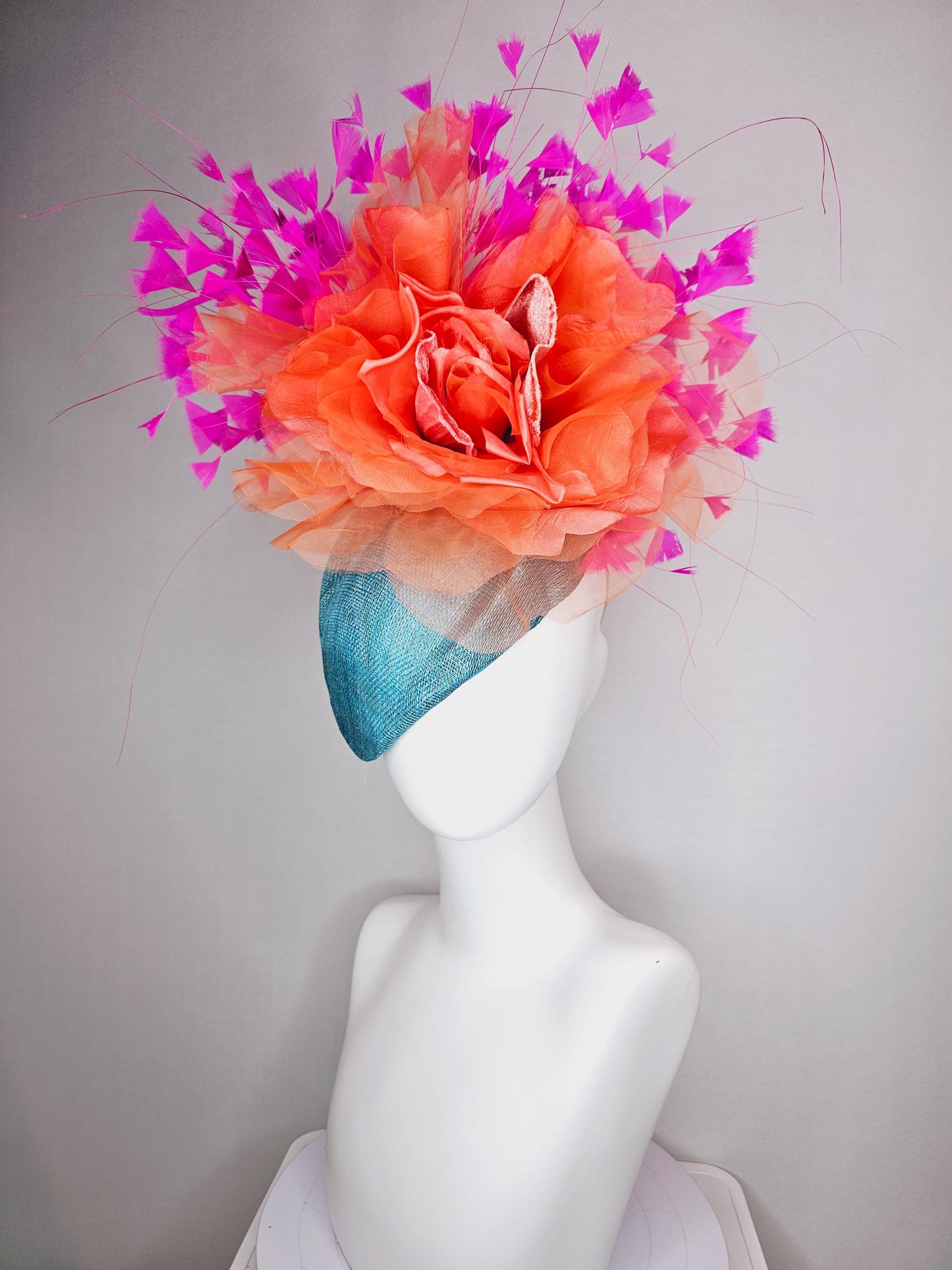 kentucky derby hat fascinator turquoise sky blue pointed teardrop sinamay large salmon orange organza satin flower fuchsia pink feathers