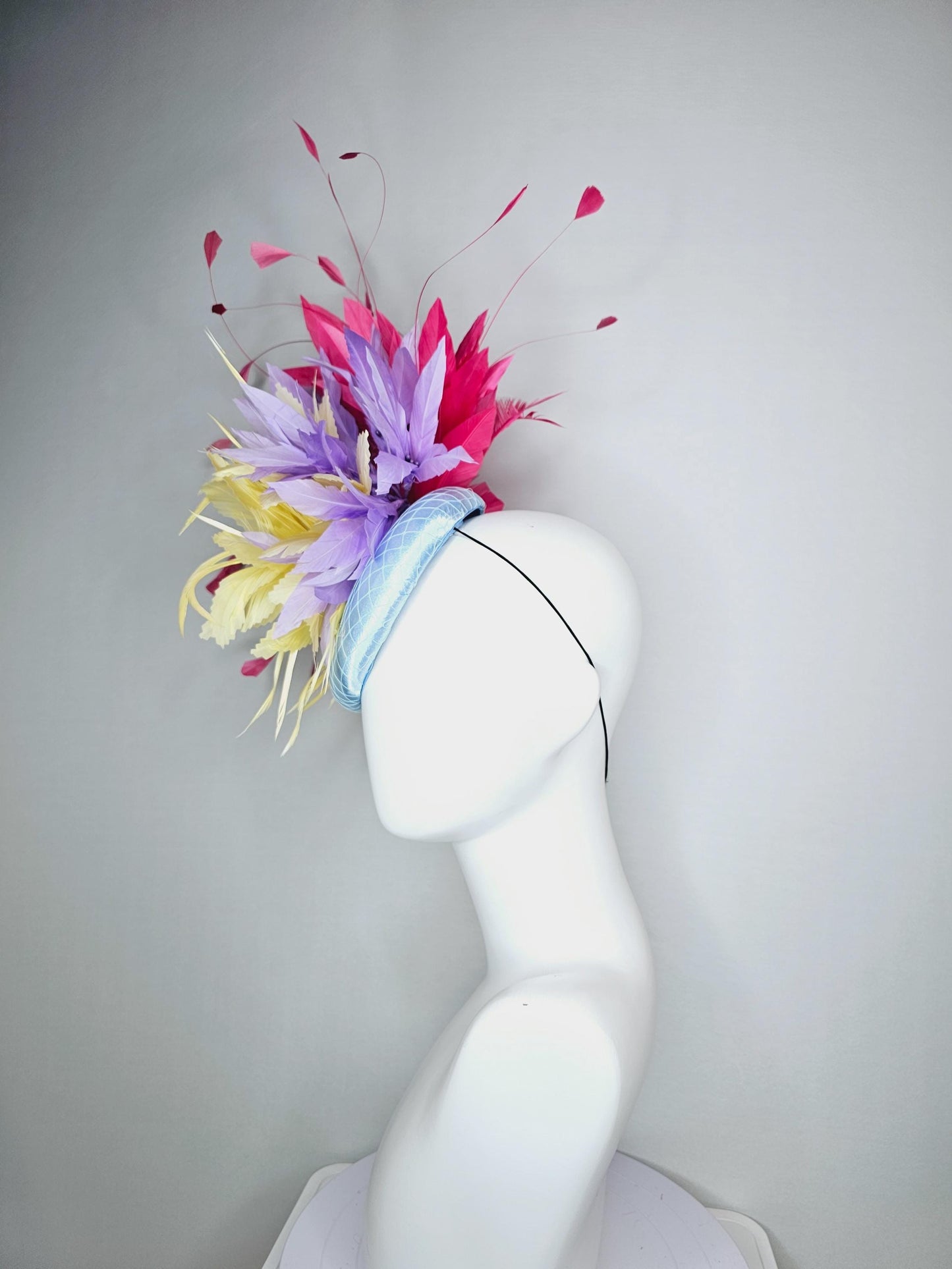 kentucky derby hat fascinator colorful baby blue satin with netting pastel yellow lavender purple feather flowers raspberry pink feathers