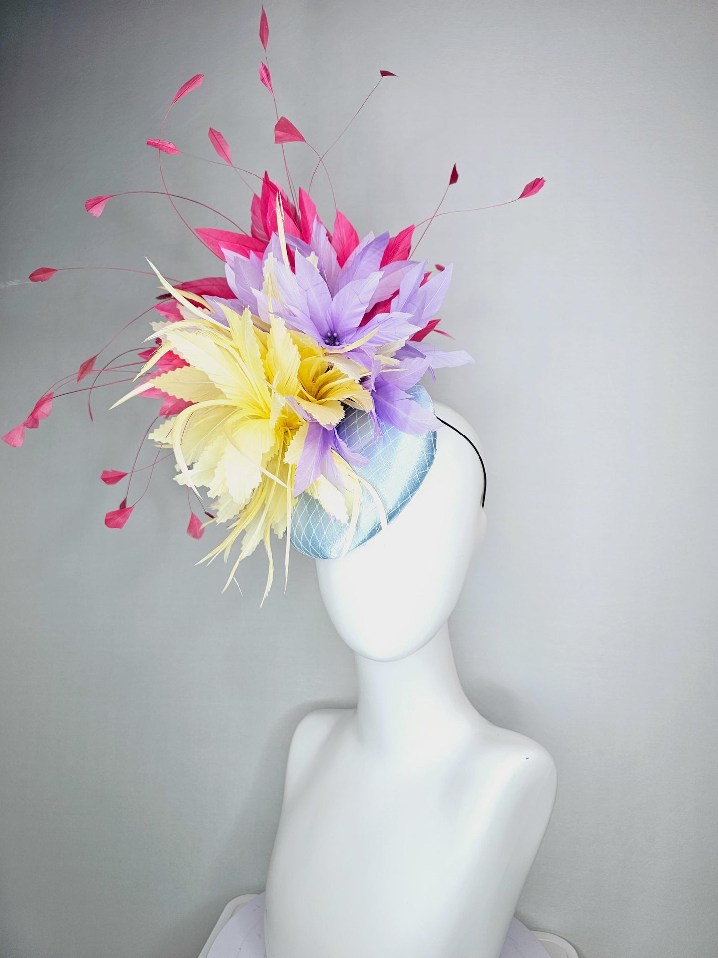 kentucky derby hat fascinator colorful baby blue satin with netting pastel yellow lavender purple feather flowers raspberry pink feathers